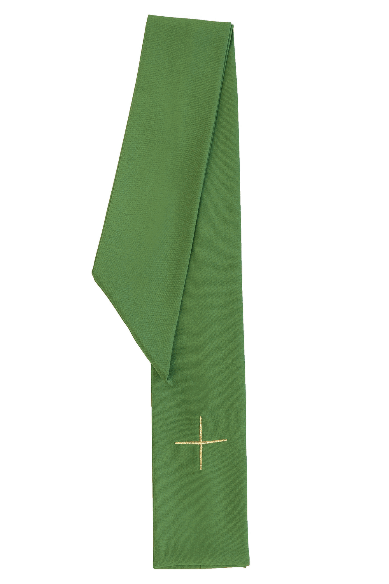 Casulla verde bordada con cuello ancho y motivo IHS