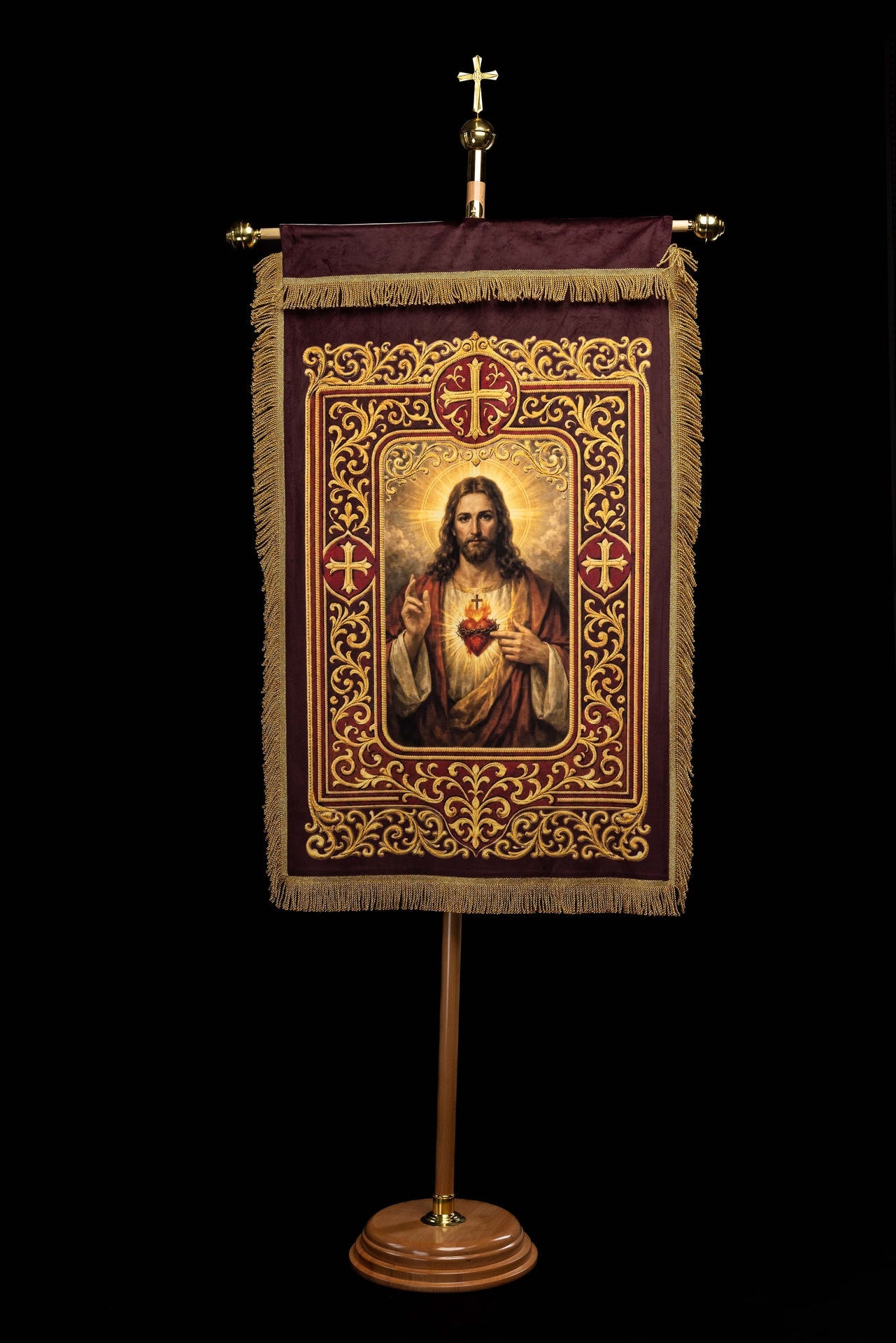 Estandarte litúrgico impreso por ambas caras con el Sagrado Corazón de Jesús y el Cáliz con IHS
