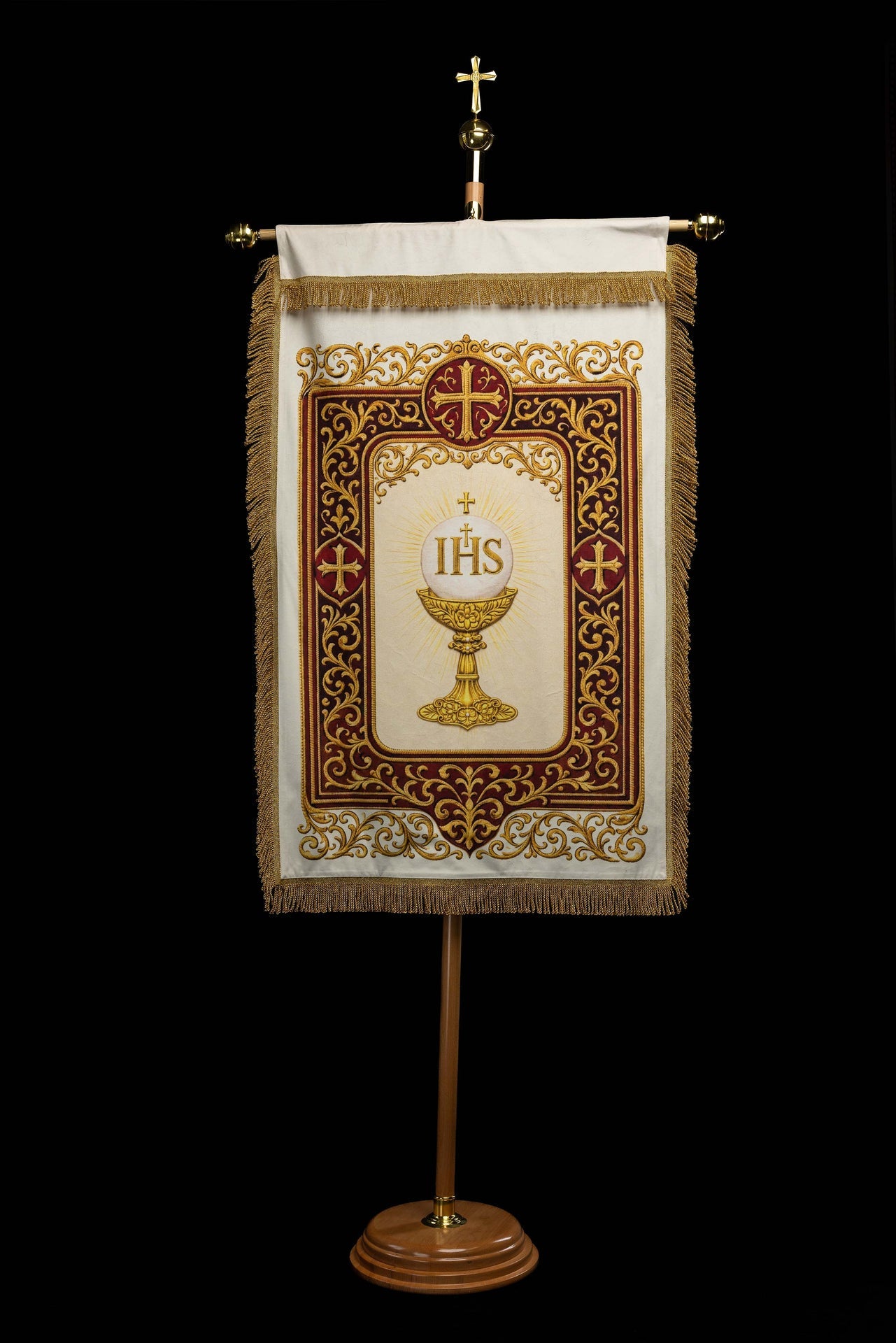 Estandarte litúrgico impreso por ambas caras con el Sagrado Corazón de Jesús y el Cáliz con IHS