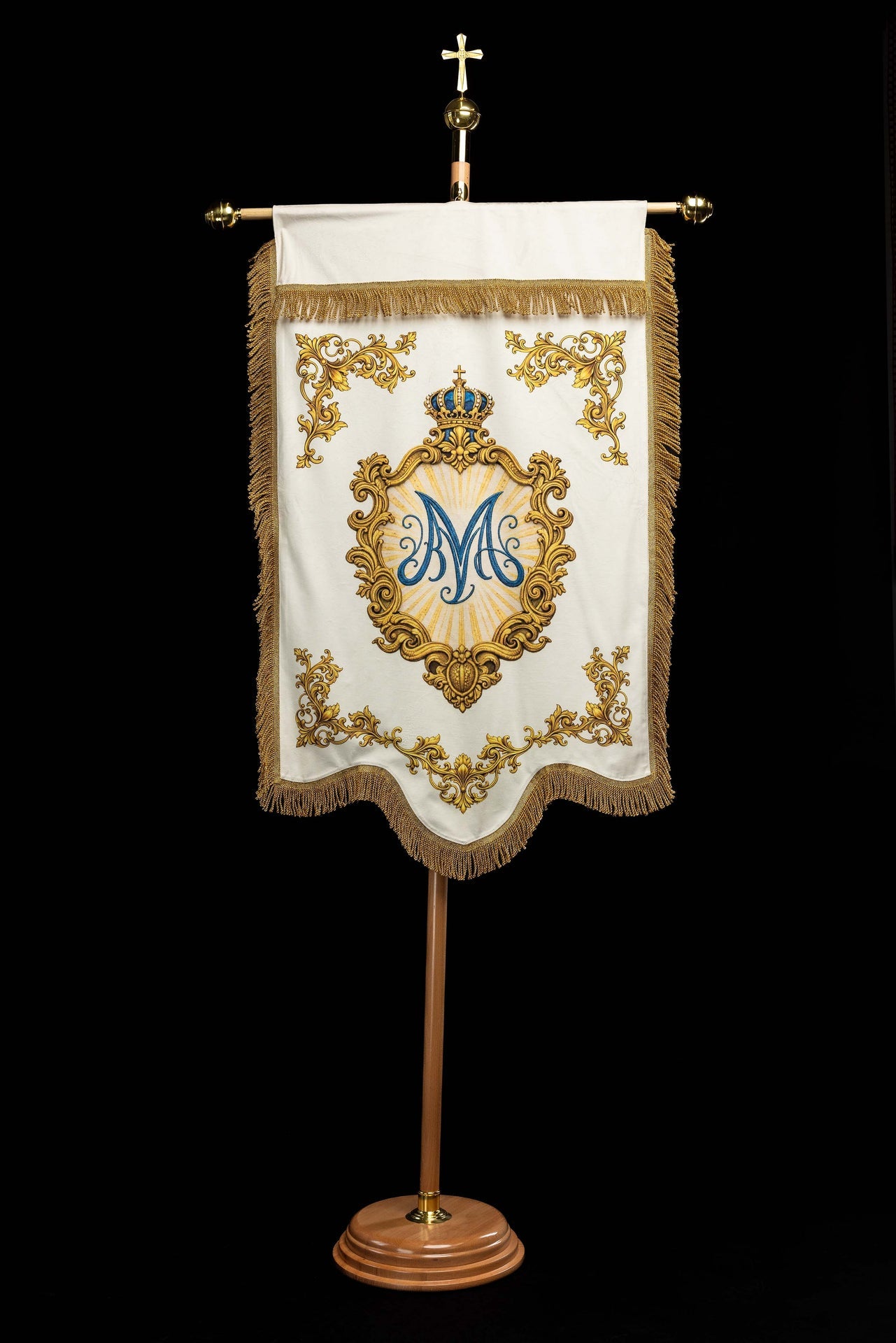Estandarte litúrgico mariano impreso por ambas caras con el símbolo del Corazón y monograma mariano