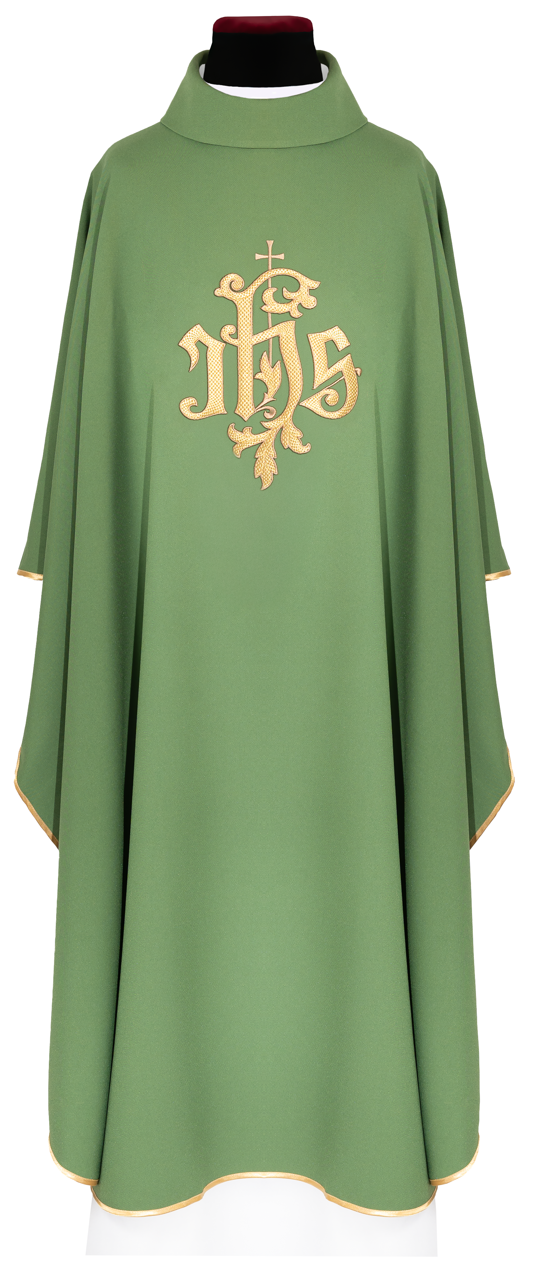 Casulla verde con bordado dorado del símbolo IHS