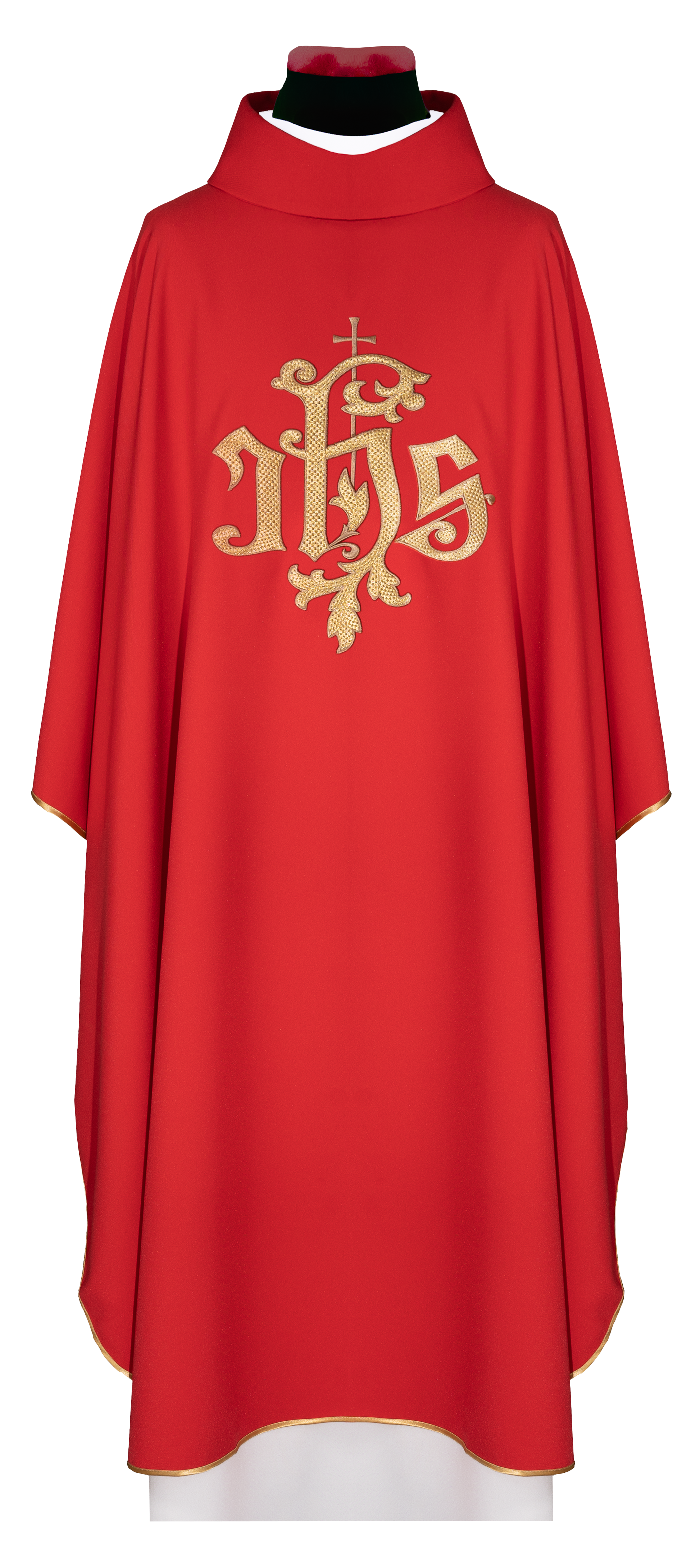 Casulla roja con bordado dorado del símbolo IHS