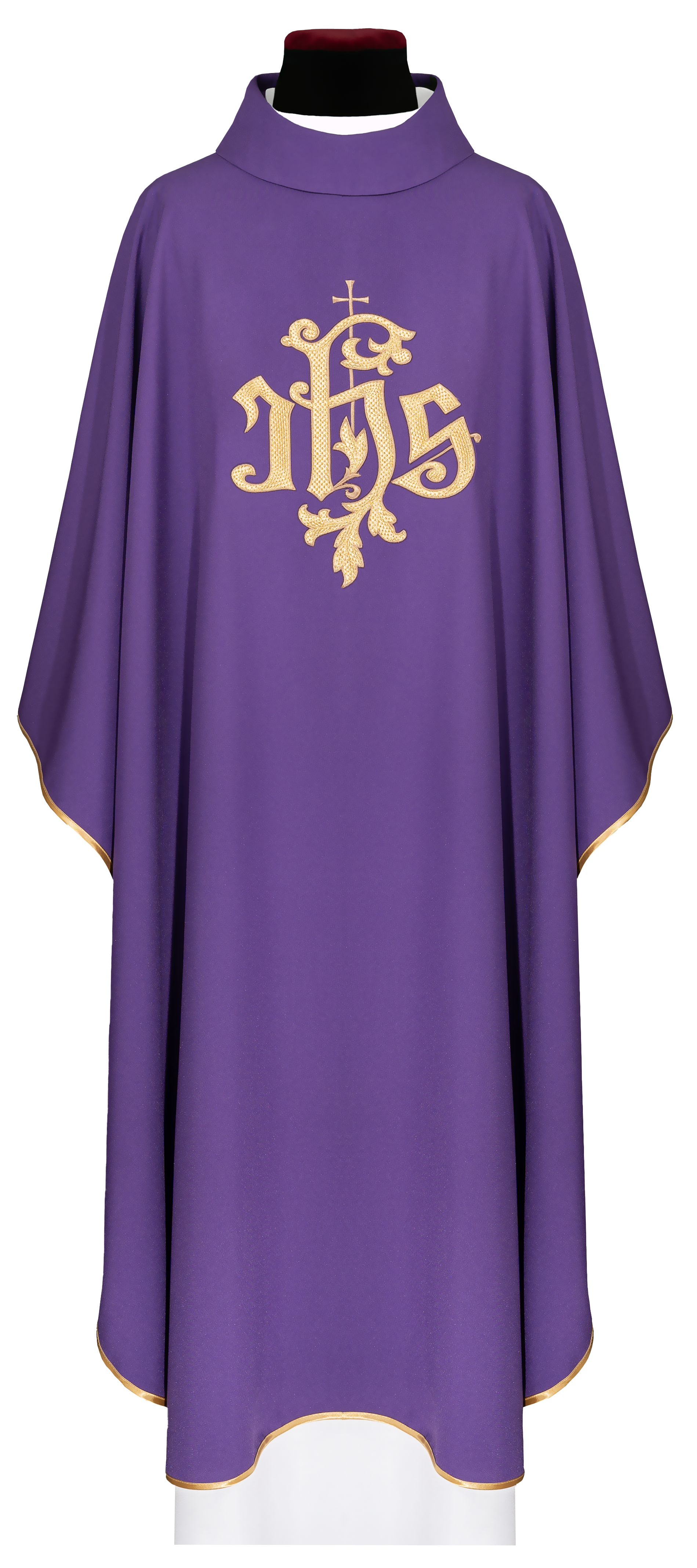 Casulla morada con bordado dorado del símbolo IHS