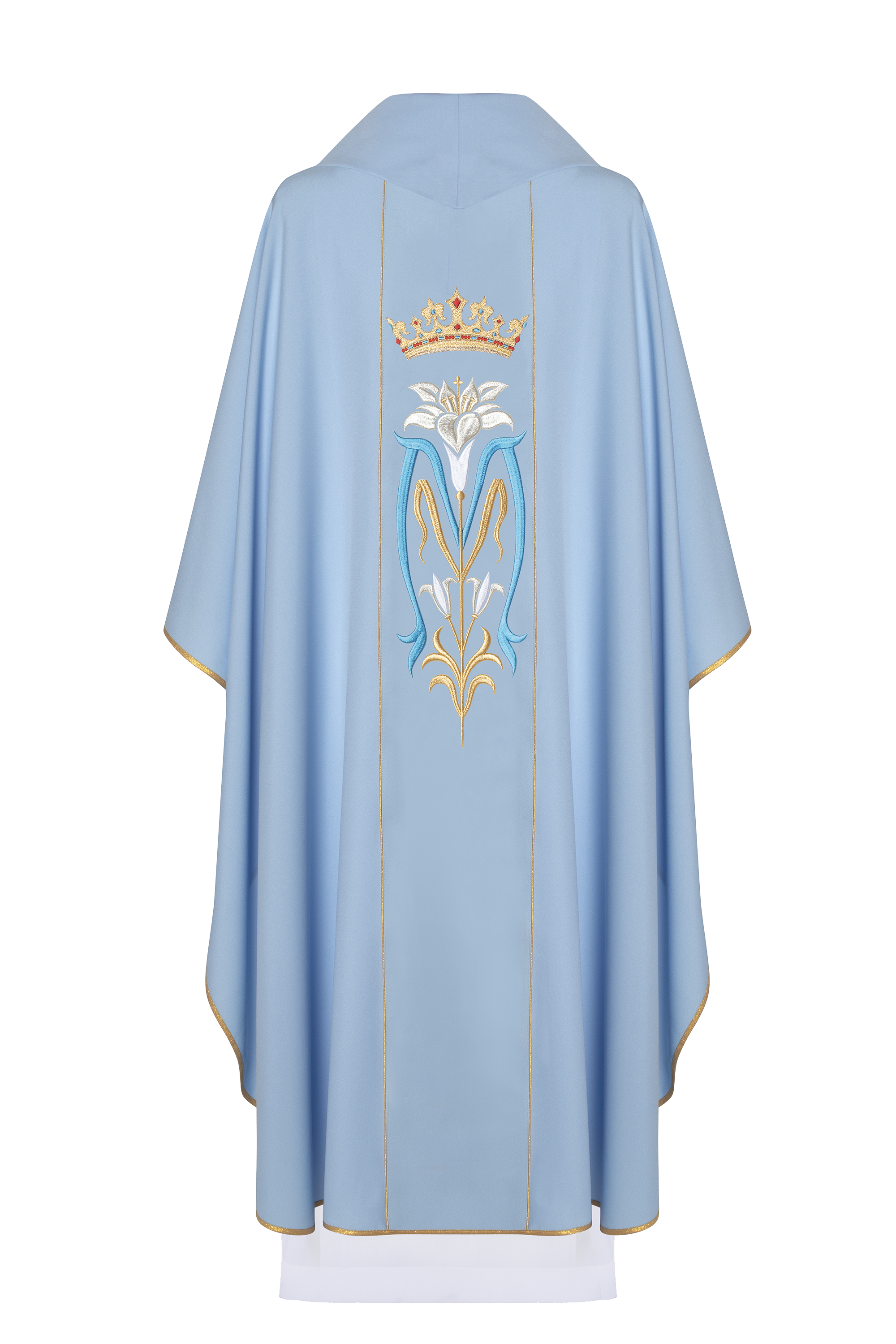 Casulla Mariana azul Con bordado Lirio y Corona