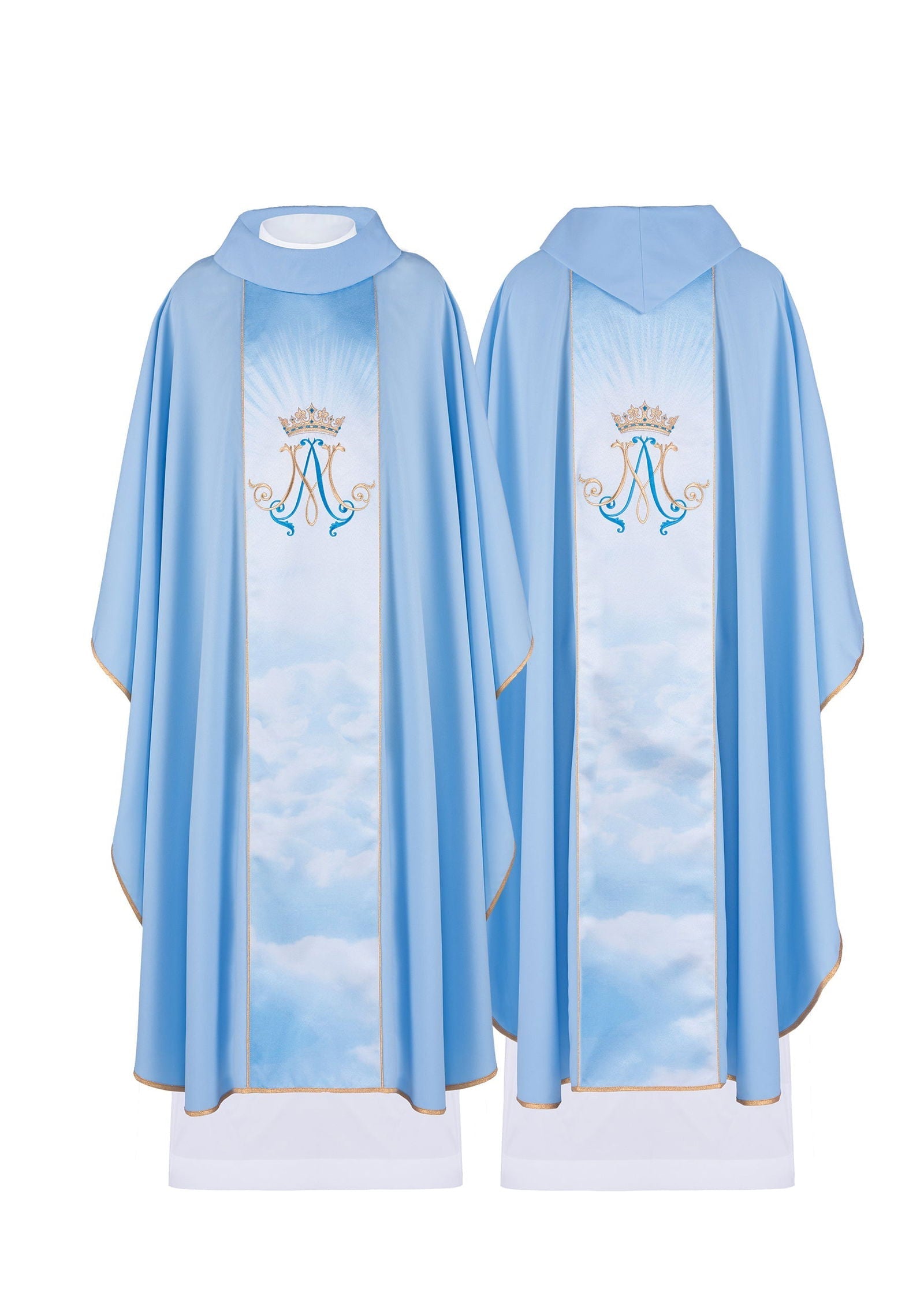 Niebieski ornat liturgiczny Maryjny z pasem sublimowanym i haftowanym - ORNATY.PL