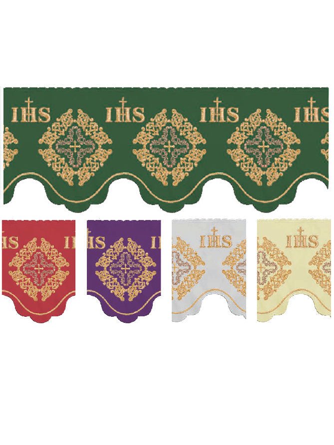 Puntilla de altar con bordado IHS y Rosetón - verde - CASULLAS.ES