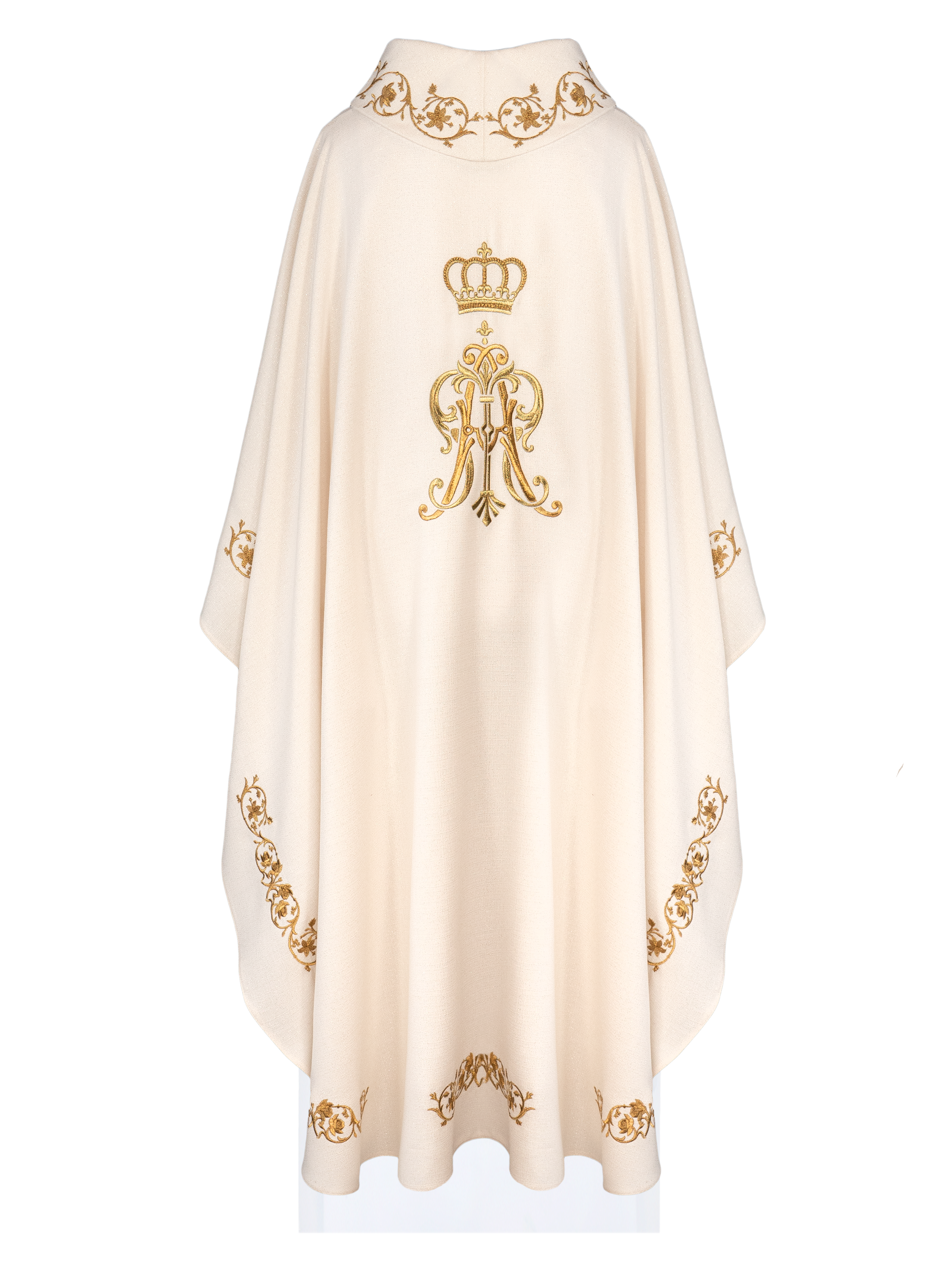 Casulla litúrgica con escudo mariano bordado y corona