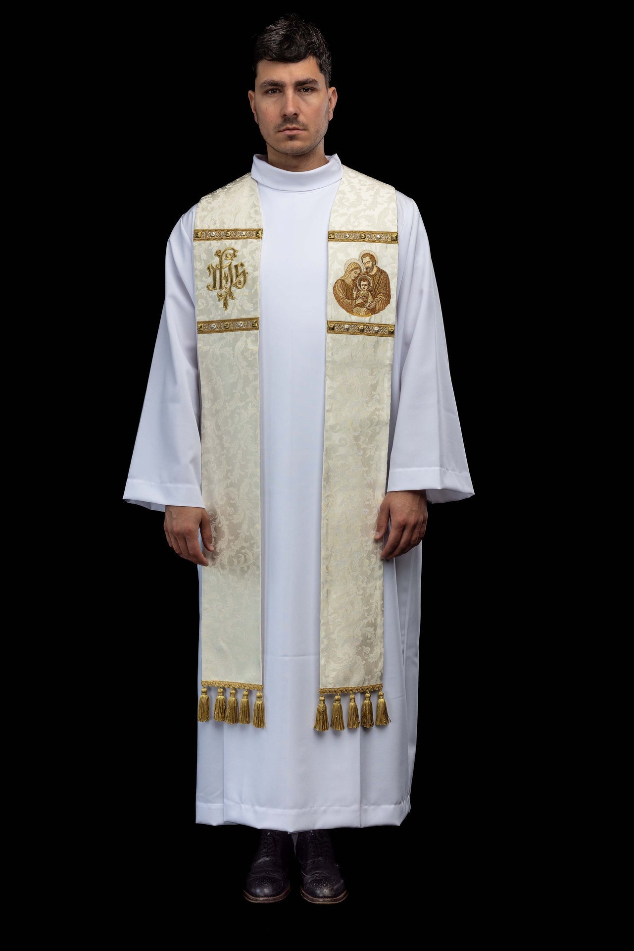 Estola con imagen de la Sagrada Familia confeccionada en tejido decorativo