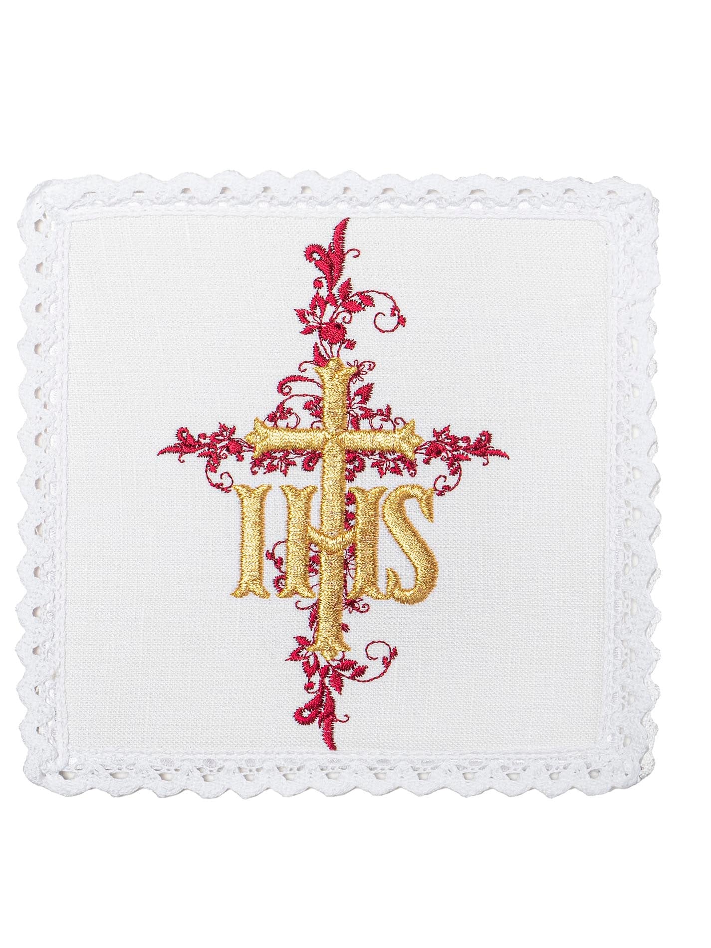 Juego de altar lino con IHS rojo bordado