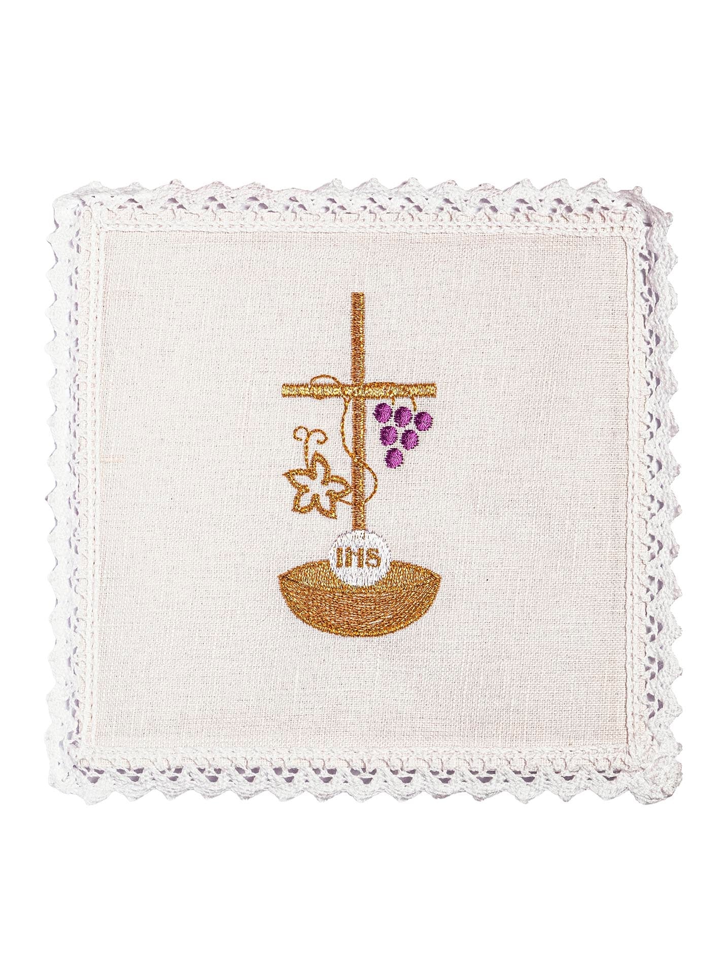 Juego de altar lino con bordado IHS, Cruz y uvas