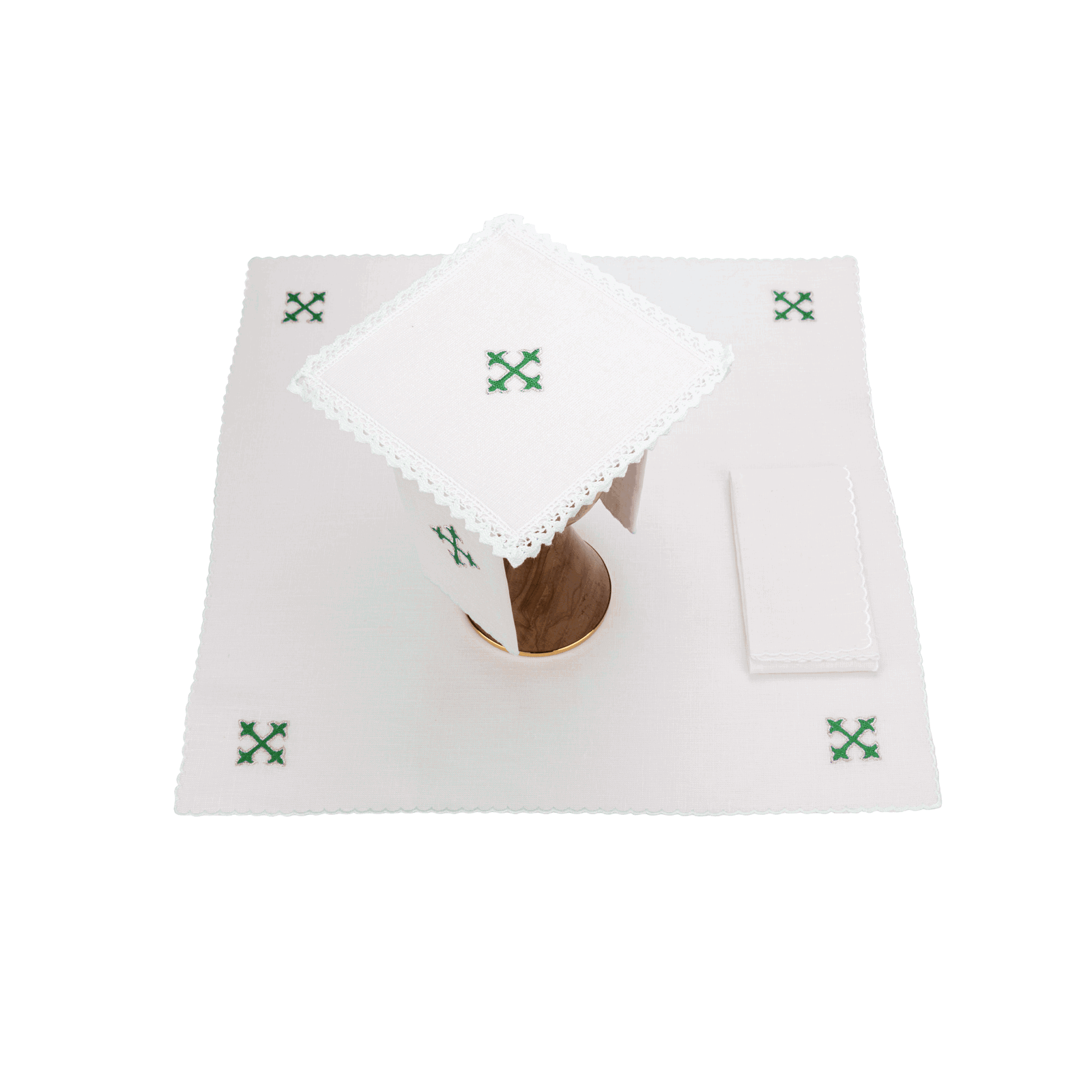 Juego de altar lino con Cruz verde bordado