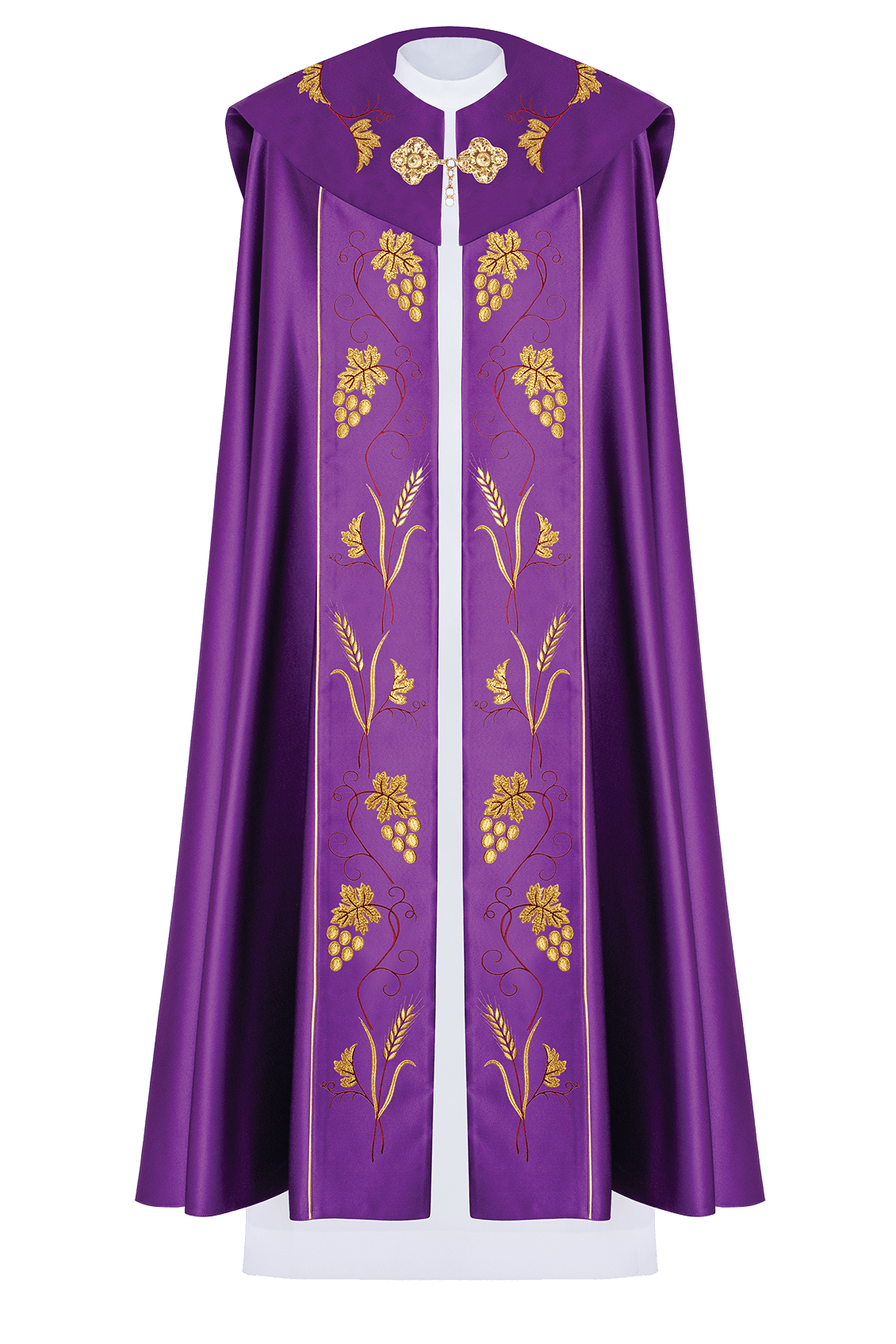 Capa pluvial morada con IHS dorado y bordado uvas KKP/001/03/20 FIOLET SAT.POMPON 150cm - CASULLAS.ES