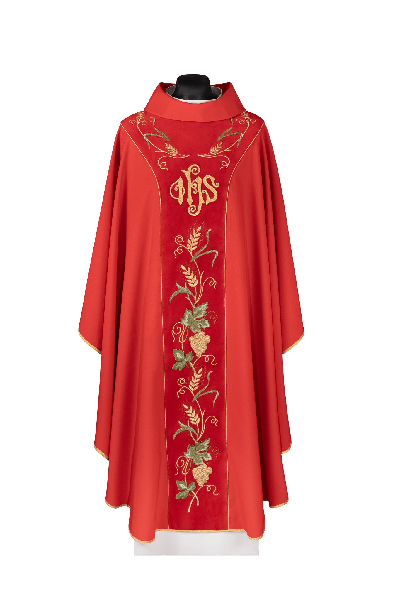 Casulla con faja de terciopelo rojo y bordado del símbolo IHS KDT/7050/02/53/PA CZERWONY - CASULLAS.ES