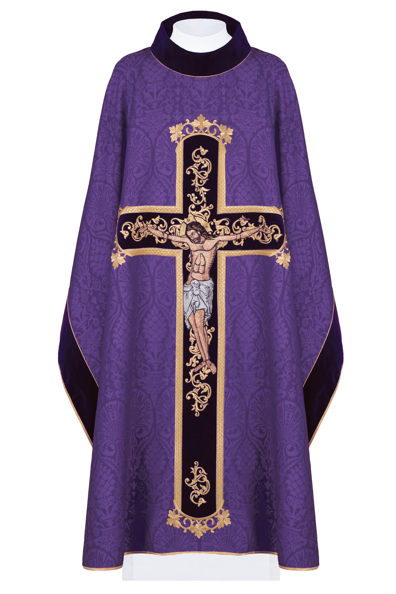 Casulla morada con bordado Jesucristo, la tela decorativa KOR/190/03/83/PA FIOLET - CASULLAS.ES
