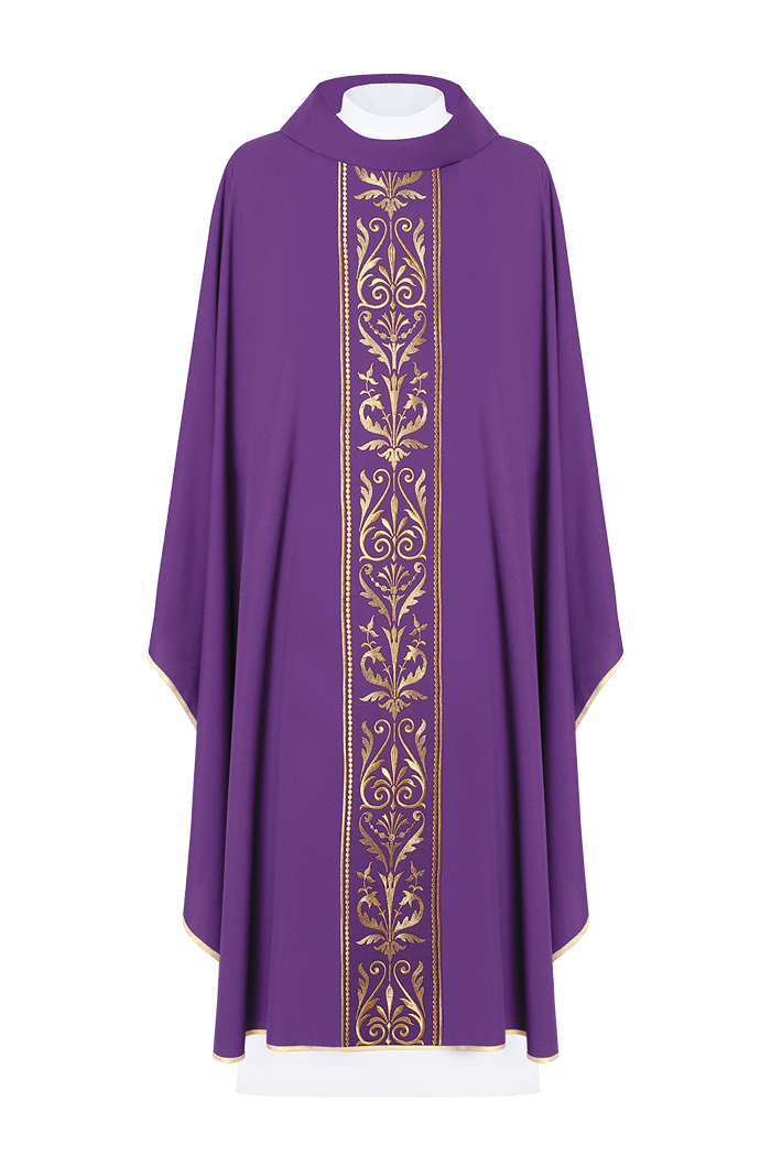 Casulla morada con motivo bordado dorado KOR/008/03/01 FIOLET - CASULLAS.ES