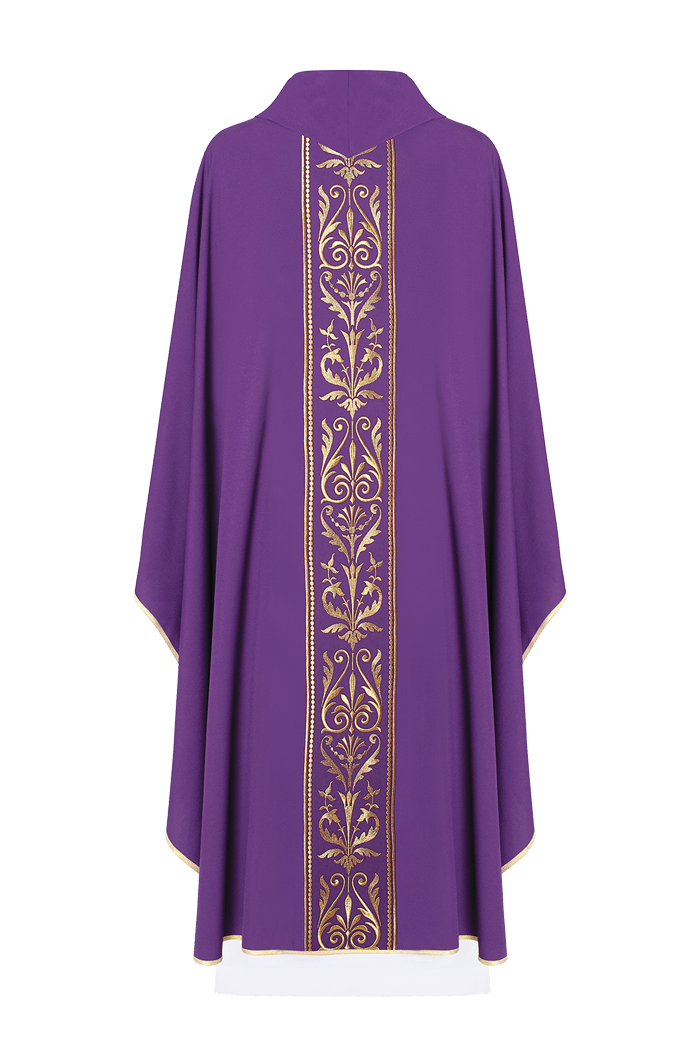 Casulla morada con motivo bordado dorado KOR/008/03/01 FIOLET - CASULLAS.ES
