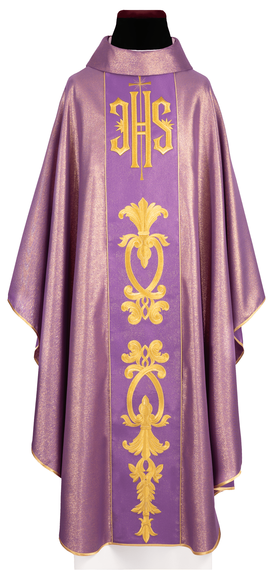 Casulla morada ricamente adornada con motivo dorado y faja ancha con símbolo IHS KDT/7001/03/54 FIOLET - CASULLAS.ES