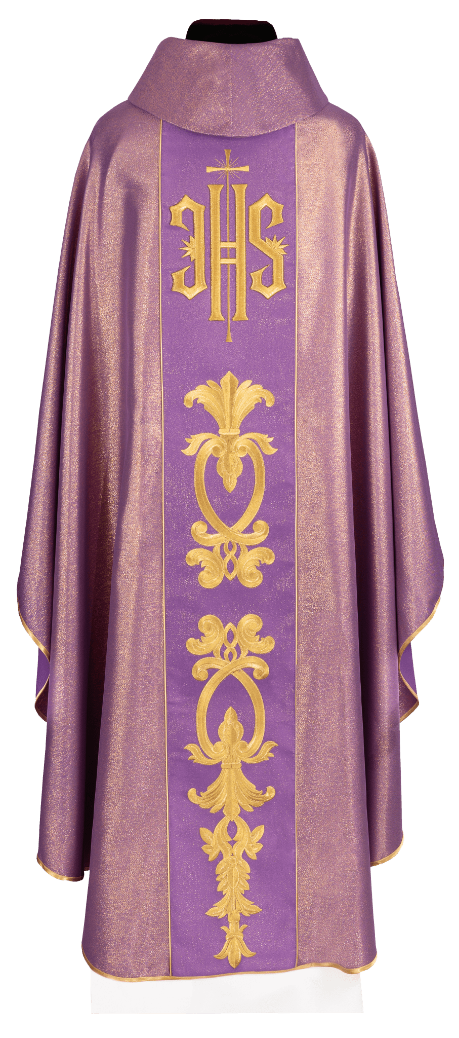 Casulla morada ricamente adornada con motivo dorado y faja ancha con símbolo IHS KDT/7001/03/54 FIOLET - CASULLAS.ES