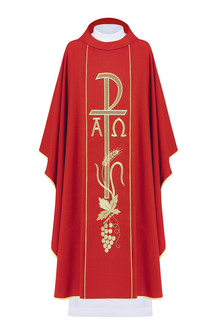 Casulla roja con bordado Alfa y Omega KOR/075/02/01 CZERWONY - CASULLAS.ES