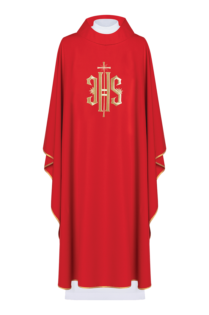 Casulla roja con bordado dorado IHS KOR/010/02/12 CZERWONY - CASULLAS.ES