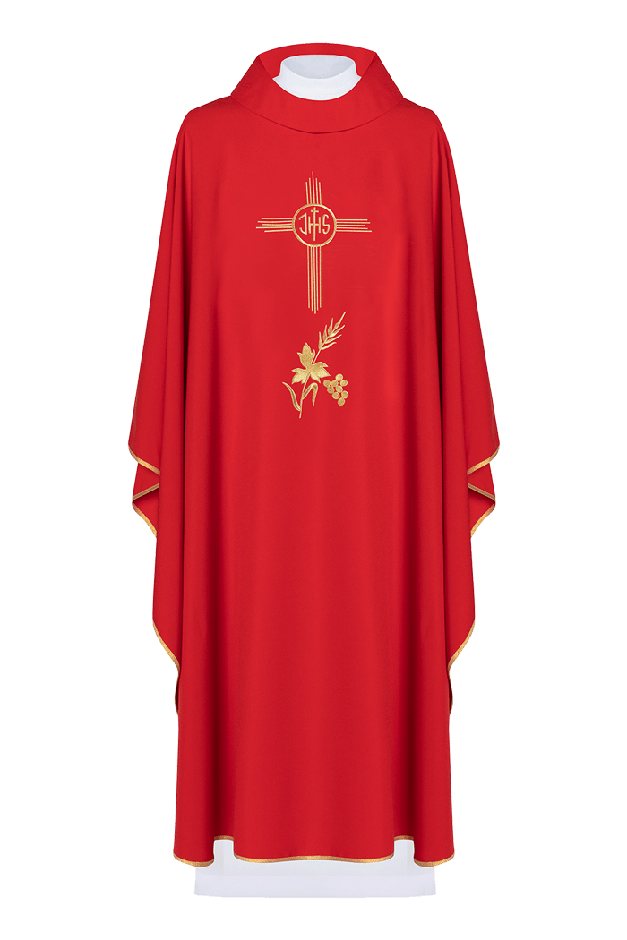 Casulla roja con bordado IHS KOR/003/02/12 CZERWONY - CASULLAS.ES