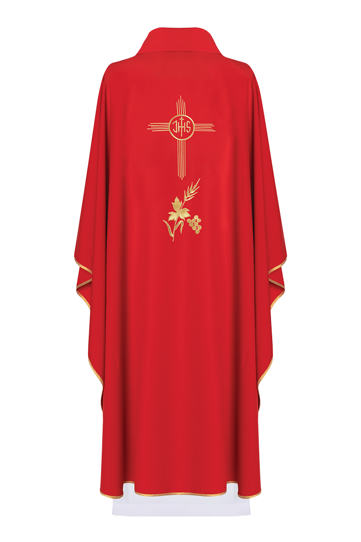 Casulla roja con bordado IHS KOR/003/02/12 CZERWONY - CASULLAS.ES