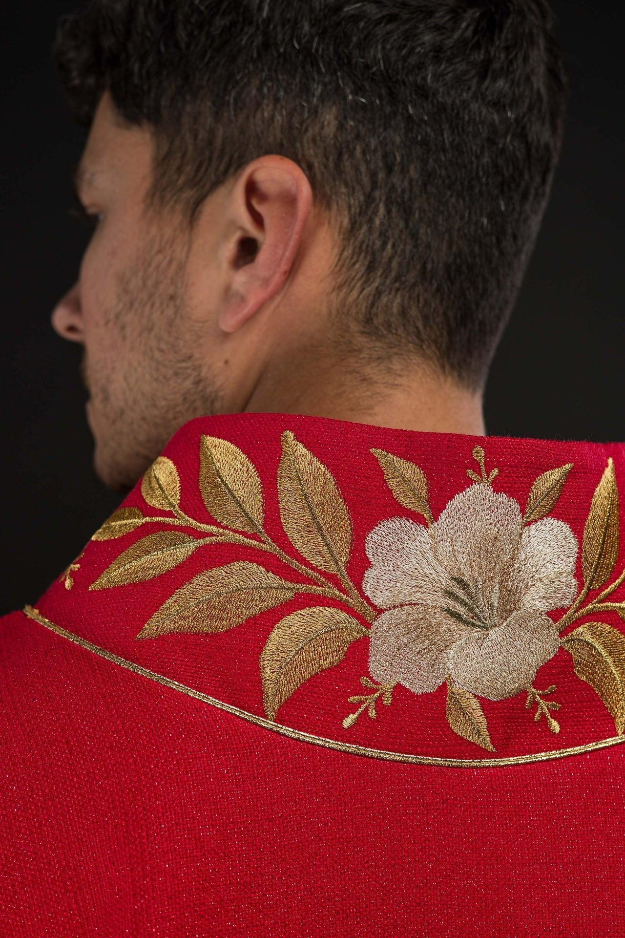 Casulla roja con cuello bordado y símbolo del Espíritu Santo LE/7046/02 - CASULLAS.ES
