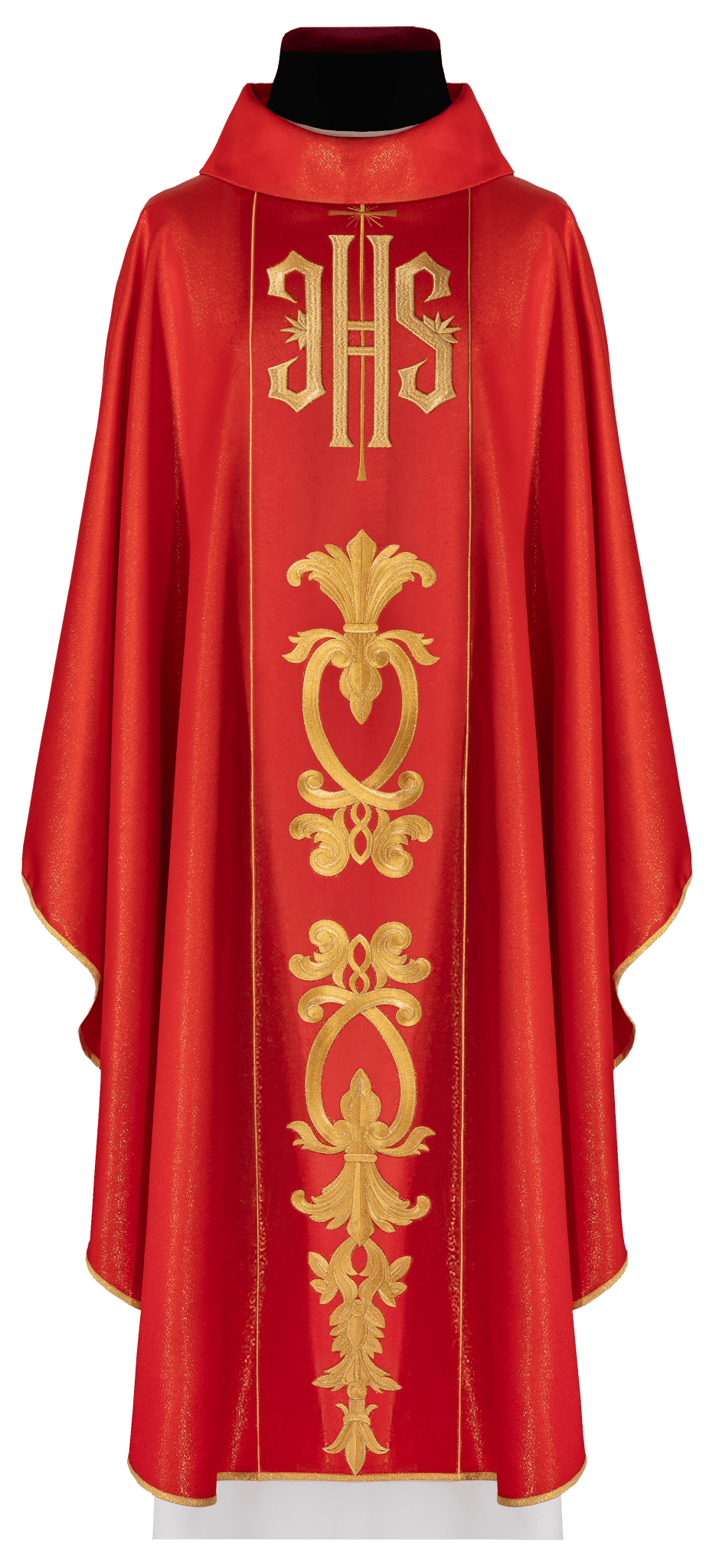 Casulla roja ricamente adornada con motivo dorado y faja ancha con símbolo IHS KDT/7001/02/54 CZERWONY - CASULLAS.ES