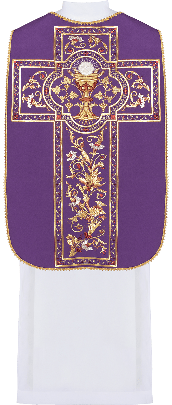 Casulla romana morada bordada con motivo de cáliz eucarístico KOR/198/03/01 FIOLET - CASULLAS.ES