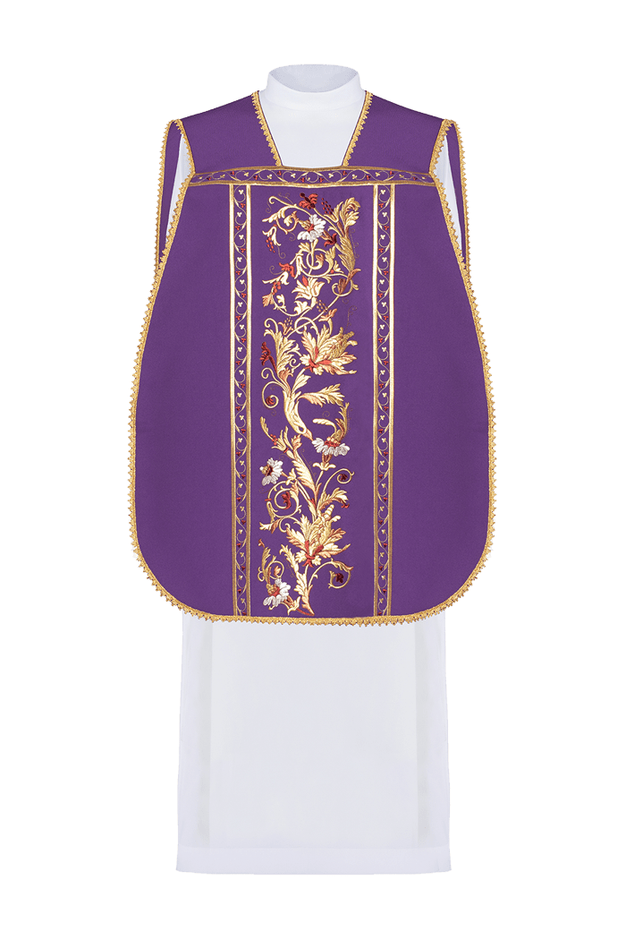 Casulla romana morada bordada con motivo IHS KOR/200/03/01 FIOLET - CASULLAS.ES