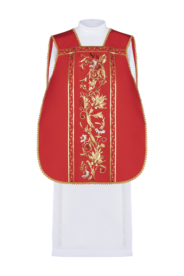 Casulla romana roja bordada con motivo IHS KOR/200/02/01 CZERWONY - CASULLAS.ES