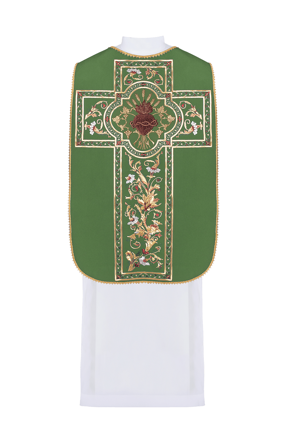 Casulla romana verde bordada con motivo del Corazón de Jesucristo KOR/199/01/01 - CASULLAS.ES
