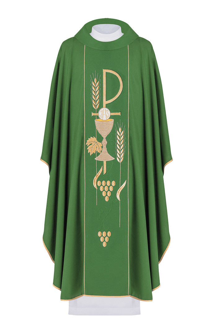 Casulla verde con bordado cáliz e IHS KOR/001/01/01 ZIELONY - CASULLAS.ES