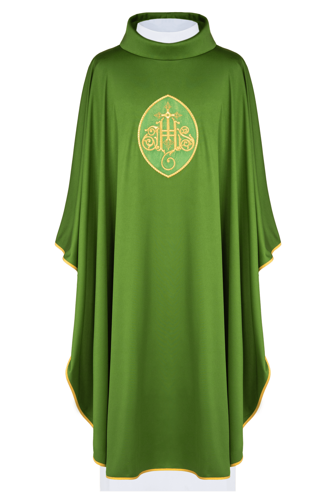 Casulla verde con bordado IHS; tejido de punto KOR/388/01/78 - CASULLAS.ES