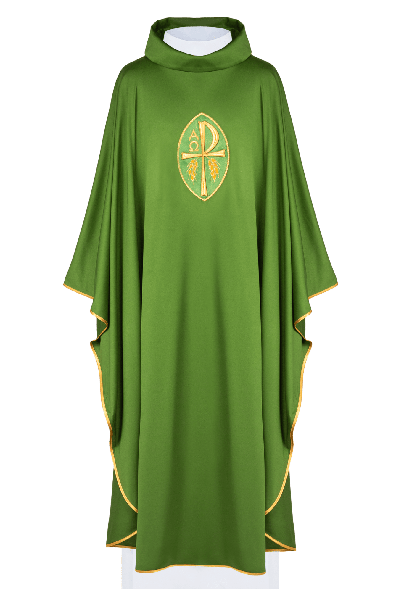 Casulla verde con bordado PAX alfa y omega; tejido de punto KOR/387/01/78 - CASULLAS.ES