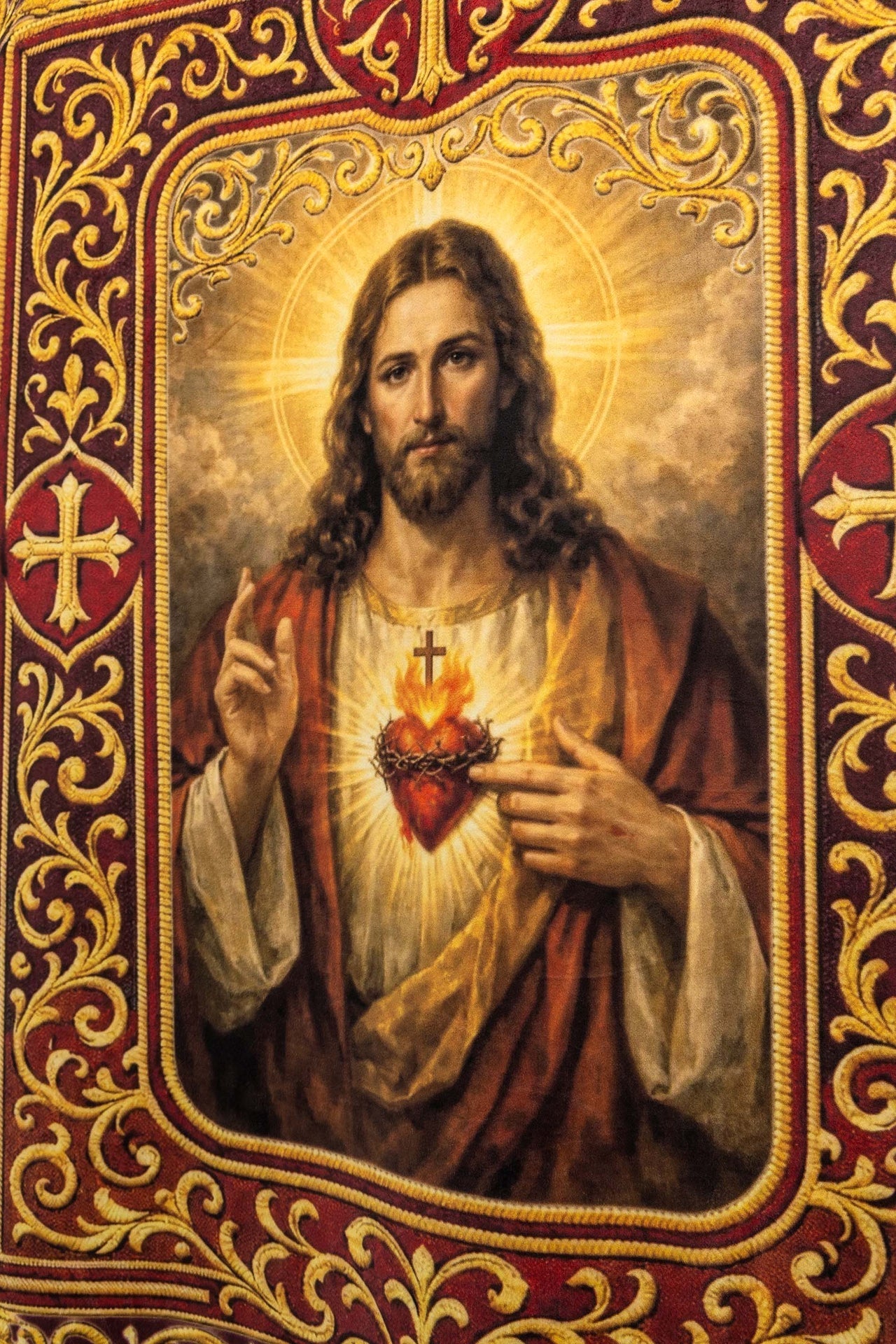 Estandarte litúrgico impreso por ambas caras con el Sagrado Corazón de Jesús y el Cáliz con IHS CHD/002/09-05/109 80*130 - CASULLAS.ES