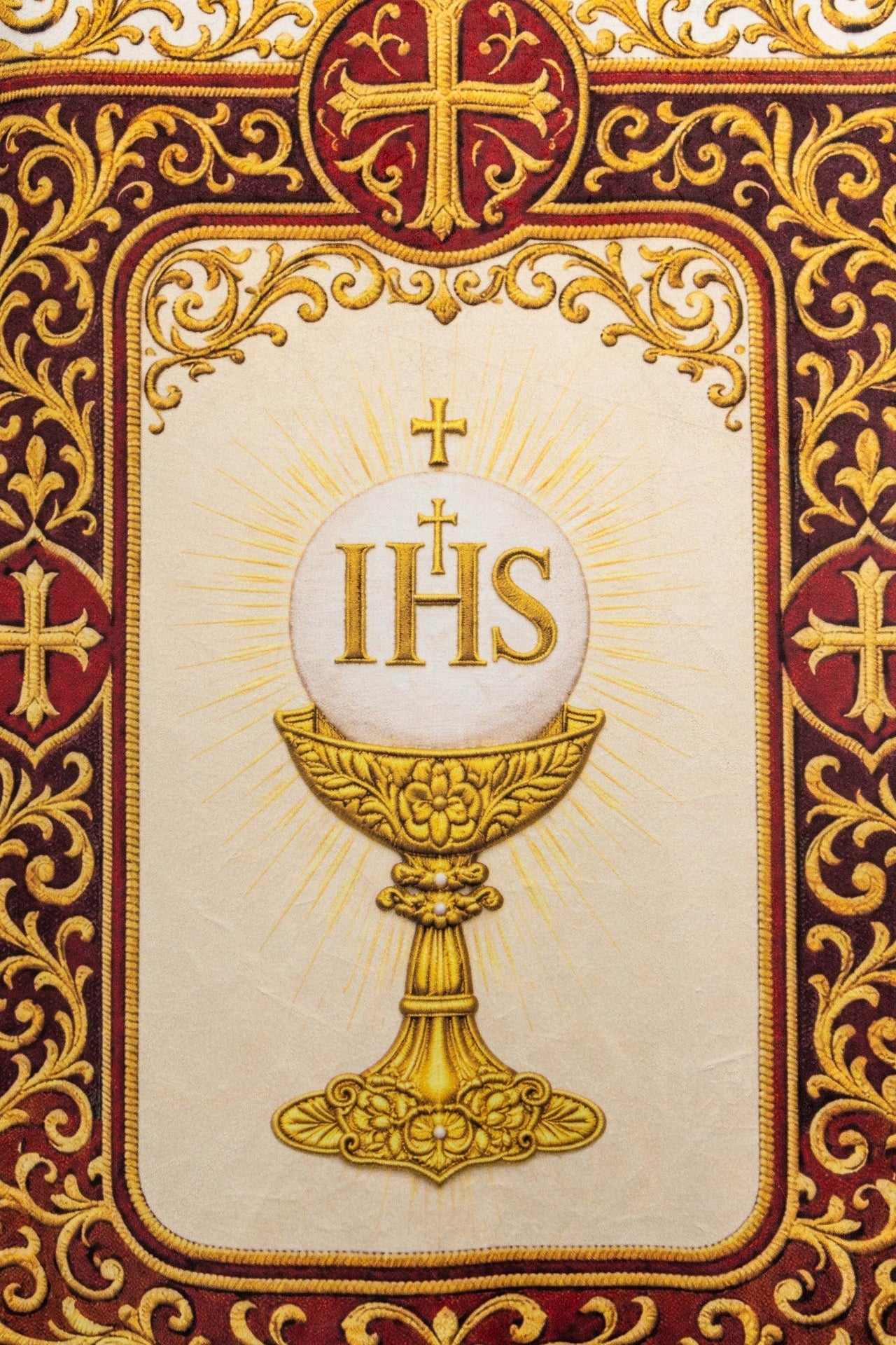 Estandarte litúrgico impreso por ambas caras con el Sagrado Corazón de Jesús y el Cáliz con IHS CHD/002/09-05/109 80*130 - CASULLAS.ES