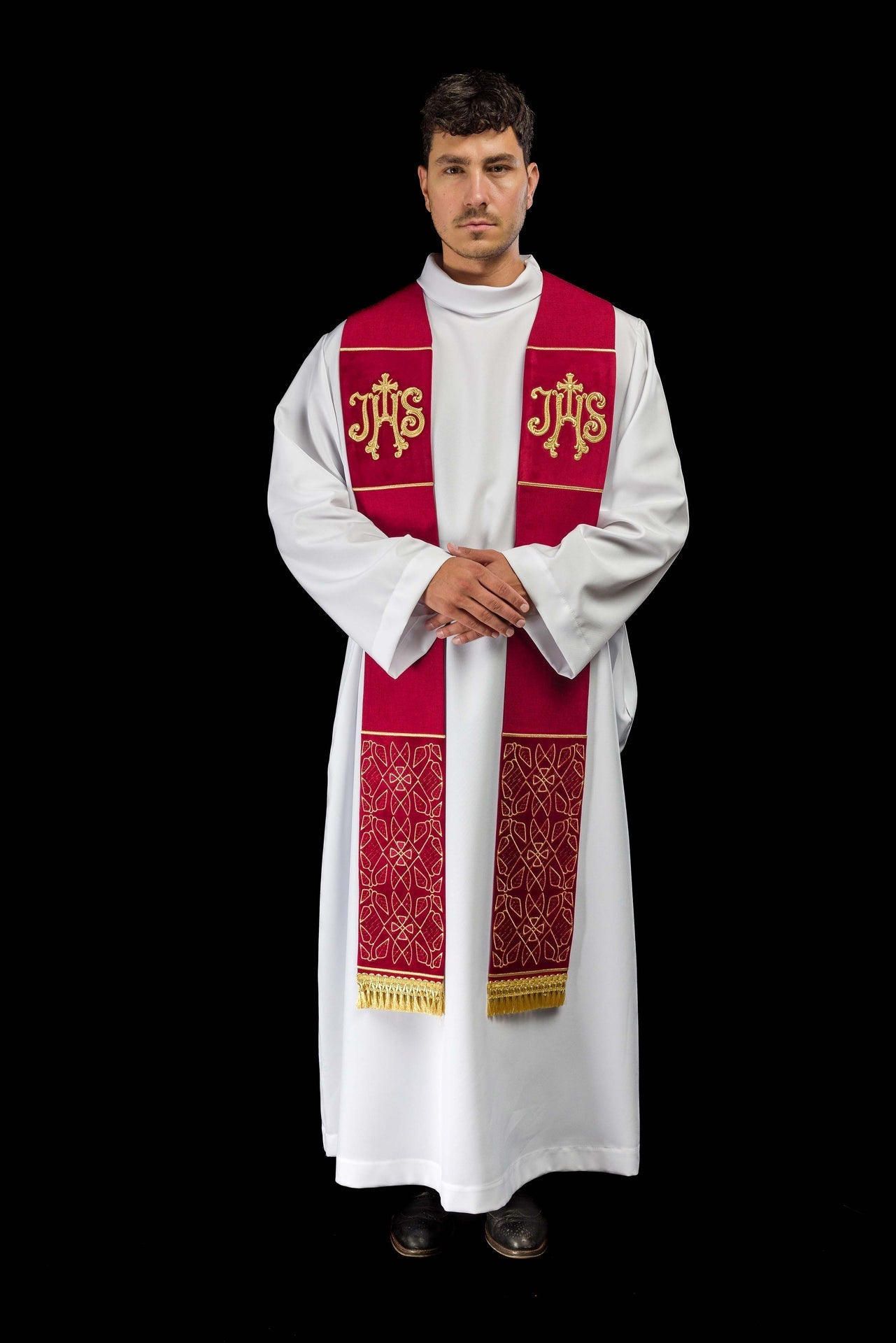 Estola de terciopelo roja bordada con motivo IHS S-2055-02-70 - CASULLAS.ES