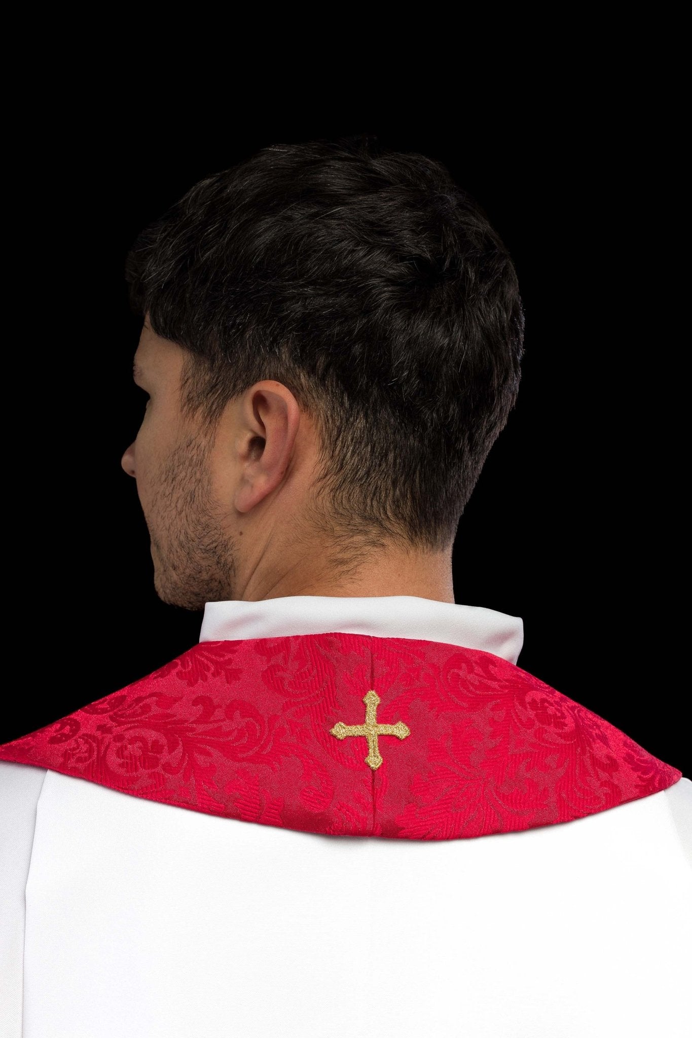 Estola jacquard bordada con motivos de cruces rojo S-2054-02-67 - CASULLAS.ES
