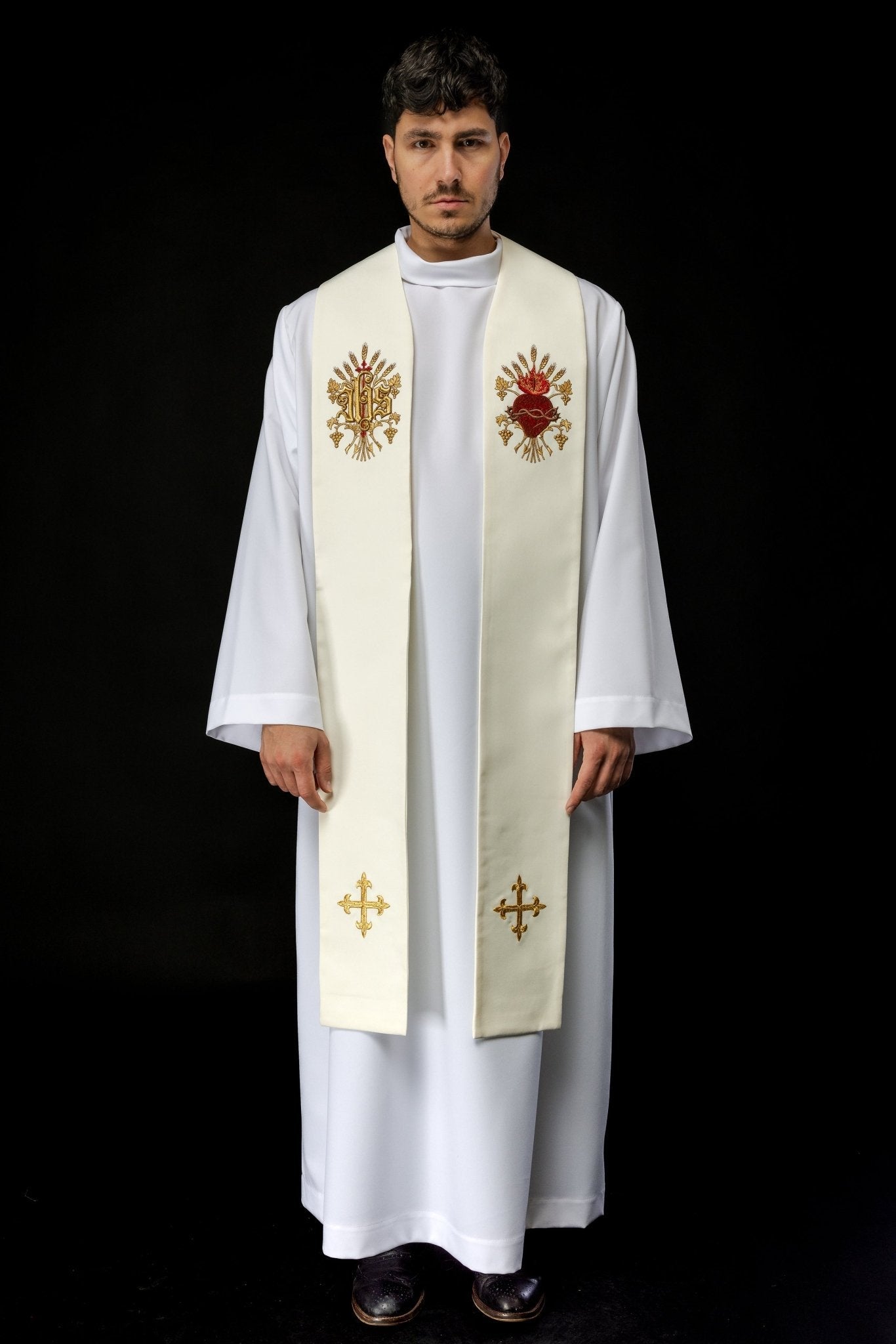 Estola marfil con bordado Cruz, IHS y corazón de Jesucristo KST/159/05/01 ECRU - CASULLAS.ES
