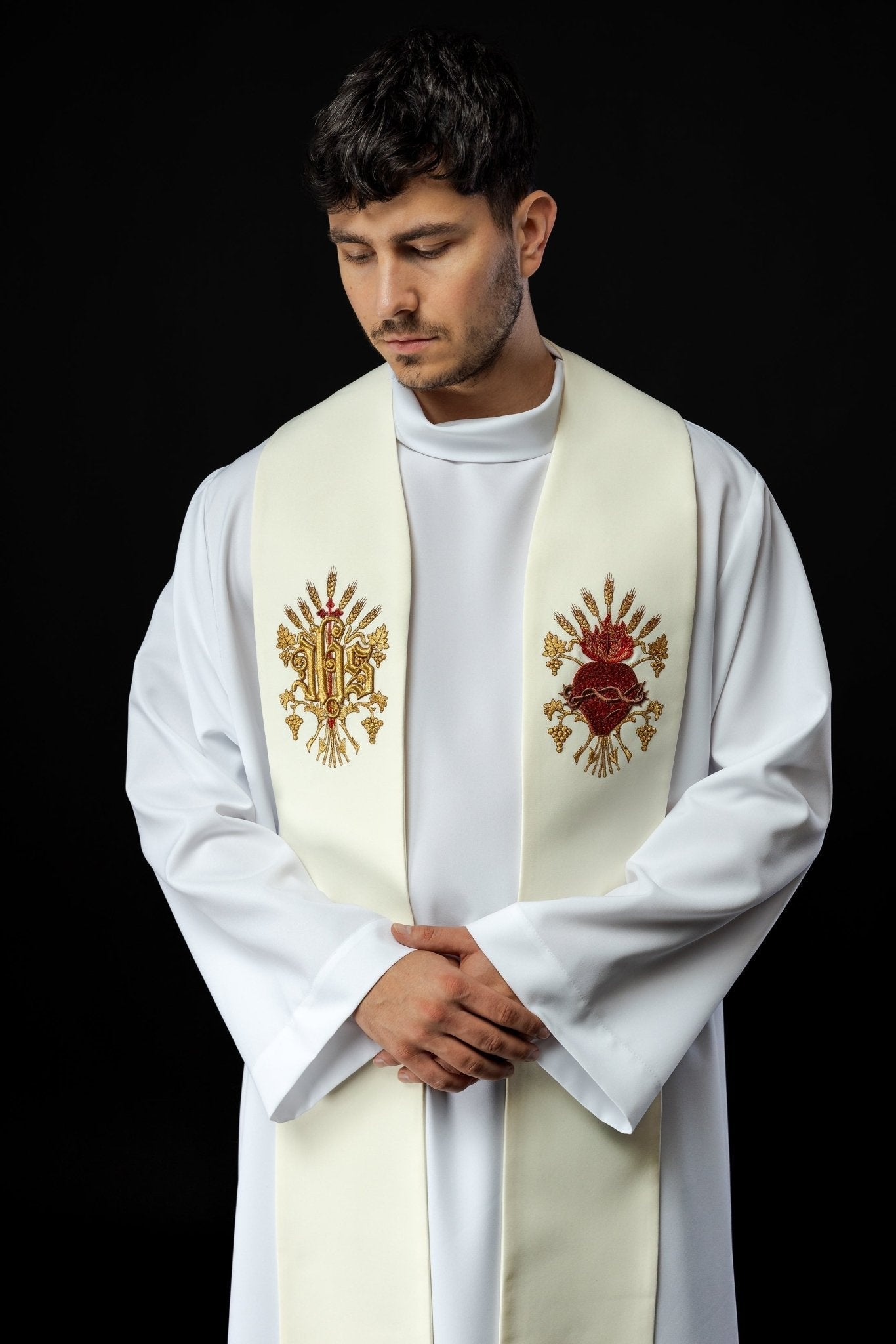 Estola marfil con bordado Cruz, IHS y corazón de Jesucristo KST/159/05/01 ECRU - CASULLAS.ES