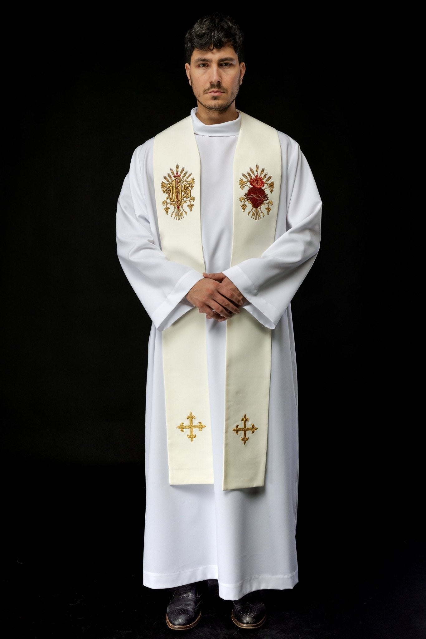 Estola marfil con bordado Cruz, IHS y corazón de Jesucristo KST/159/05/01 ECRU - CASULLAS.ES