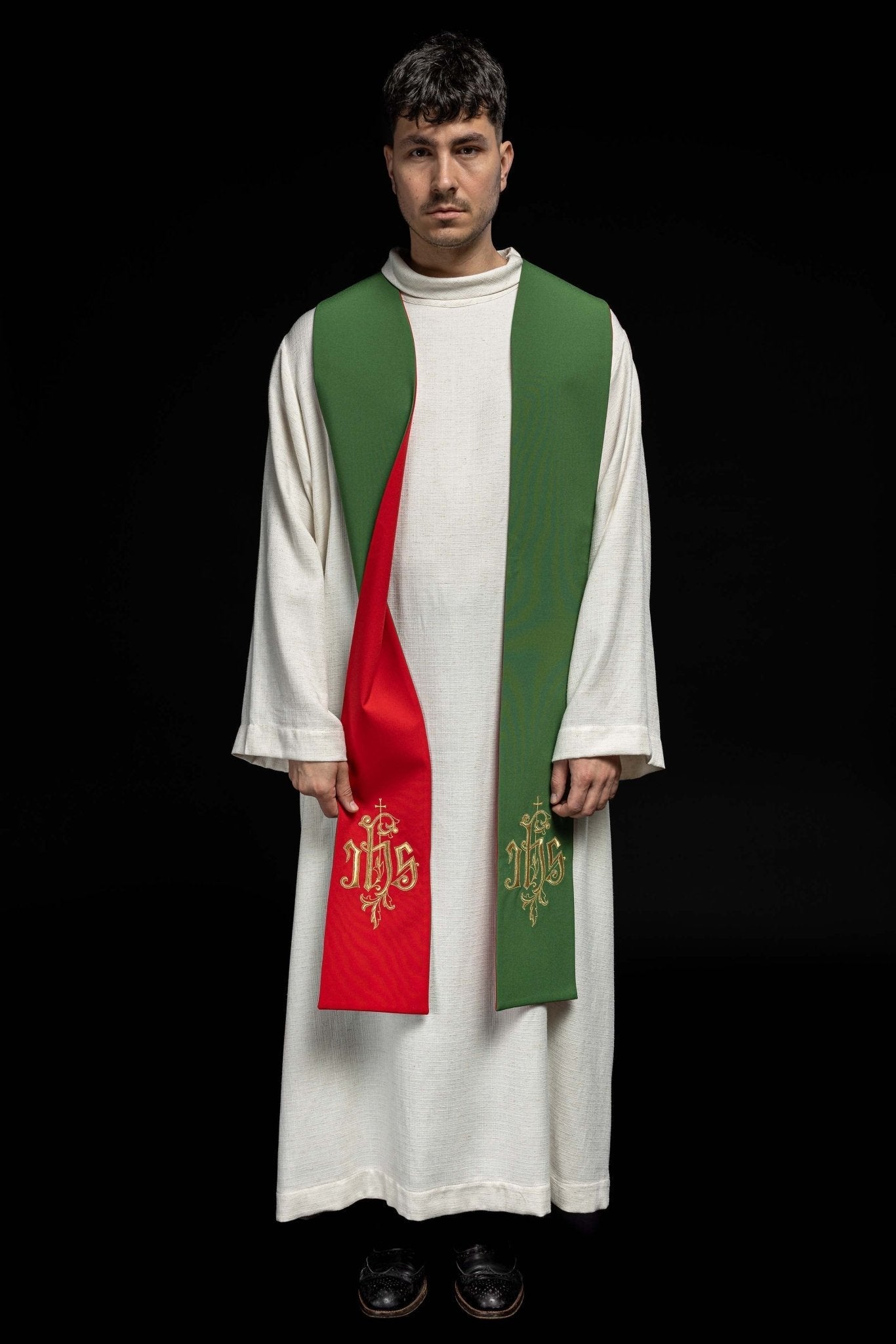 Estola reversible bordada IHS verde - roja KST/053/01 - 02/01 ZIELONY - CZERWONY - CASULLAS.ES