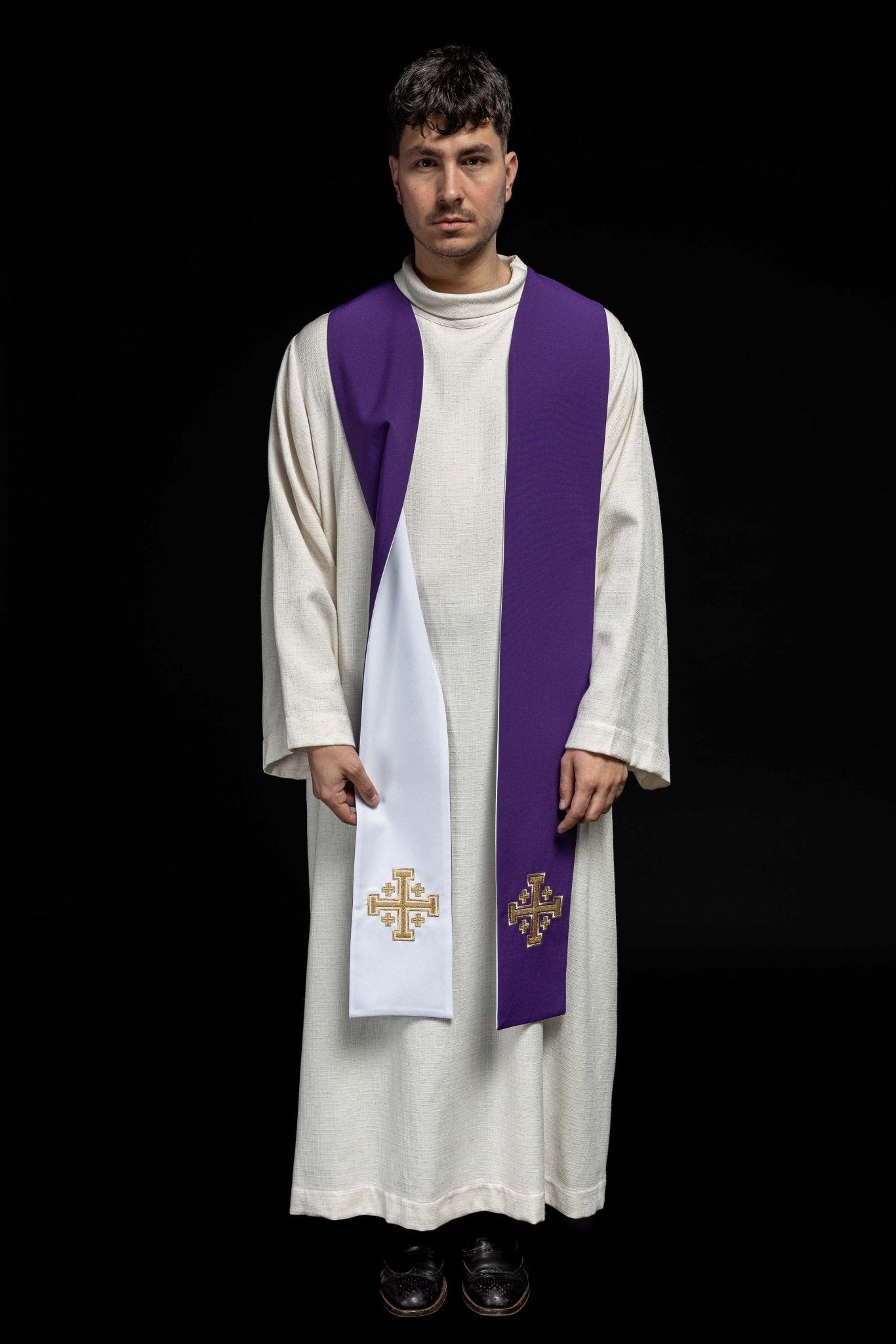 Estola reversible con Cruz de Jerusalén púrpura - blanca KST/046/03 - 04/01 FILETOWO - BIAŁA - CASULLAS.ES
