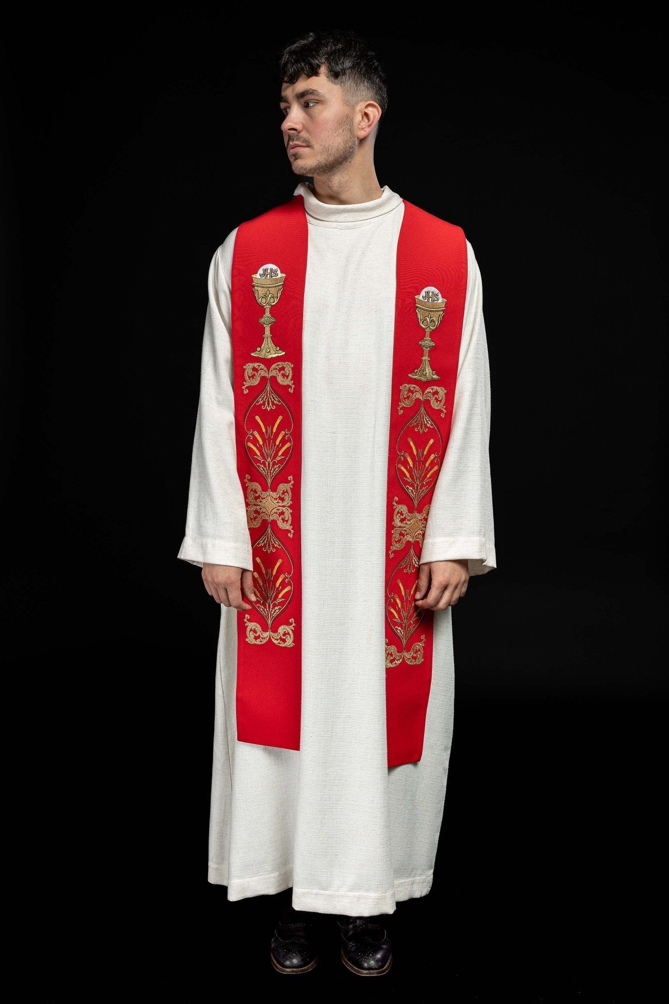 Estola roja con bordado Cáliz e IHS KST/042/02/01 CZERWONY - CASULLAS.ES