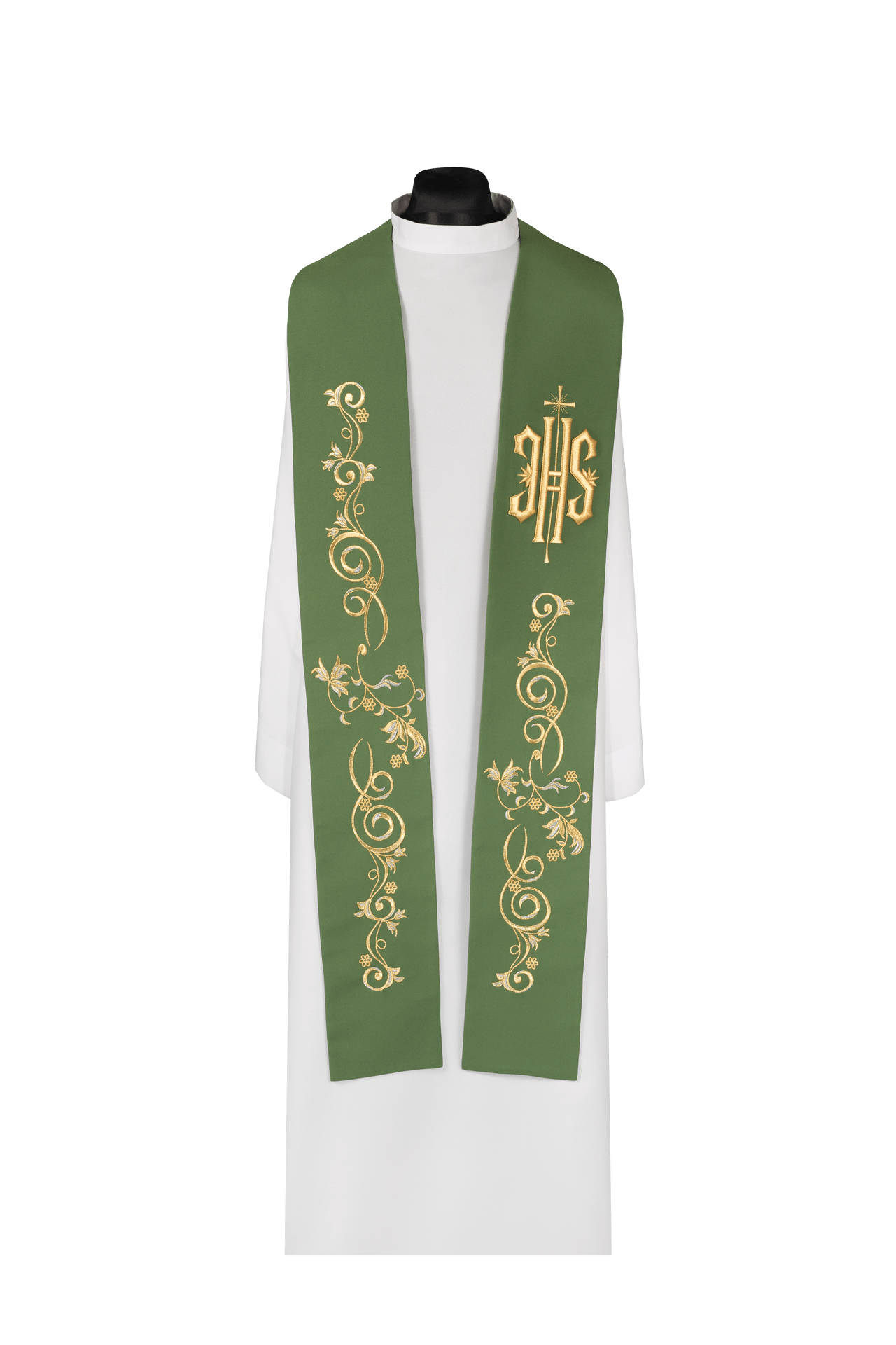 Estola sacerdotal bordada con IHS verde KDT/2052/01 ZIELONY - CASULLAS.ES