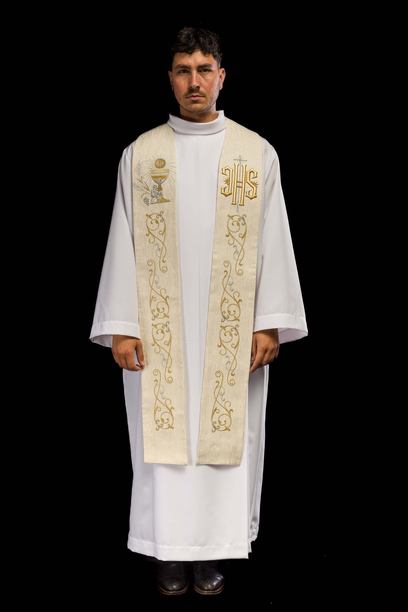 Estola sacerdotal con bordado de IHS y cáliz eucarístico ecru KST/508/05/42 ECRU - CASULLAS.ES