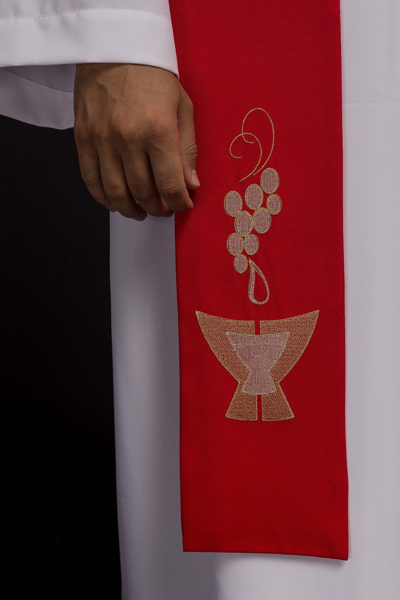 Estola sacerdotal roja bordada con cáliz espigas y uvas KST/009/02/01 CZERWONY - CASULLAS.ES
