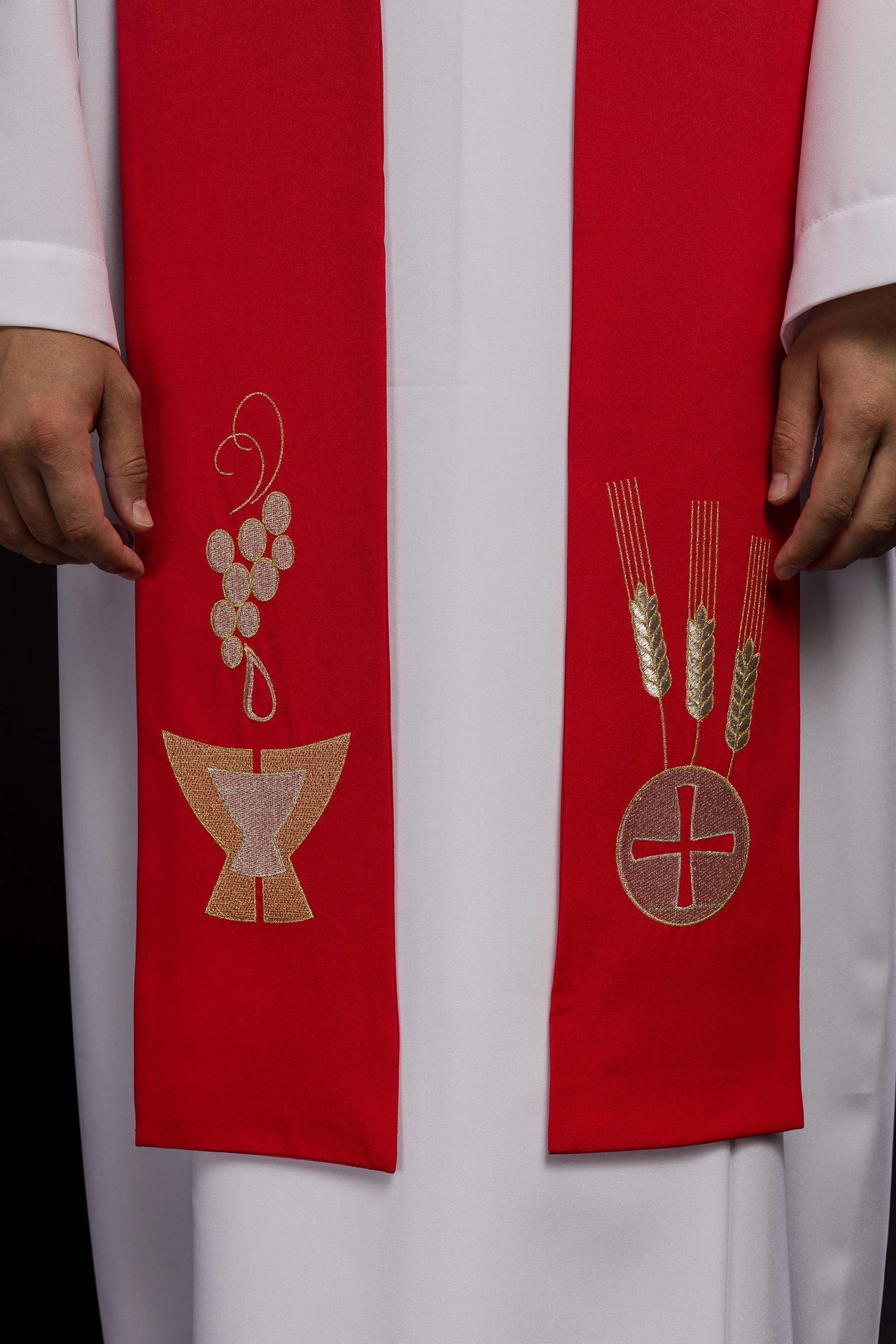 Estola sacerdotal roja bordada con cáliz espigas y uvas KST/009/02/01 CZERWONY - CASULLAS.ES