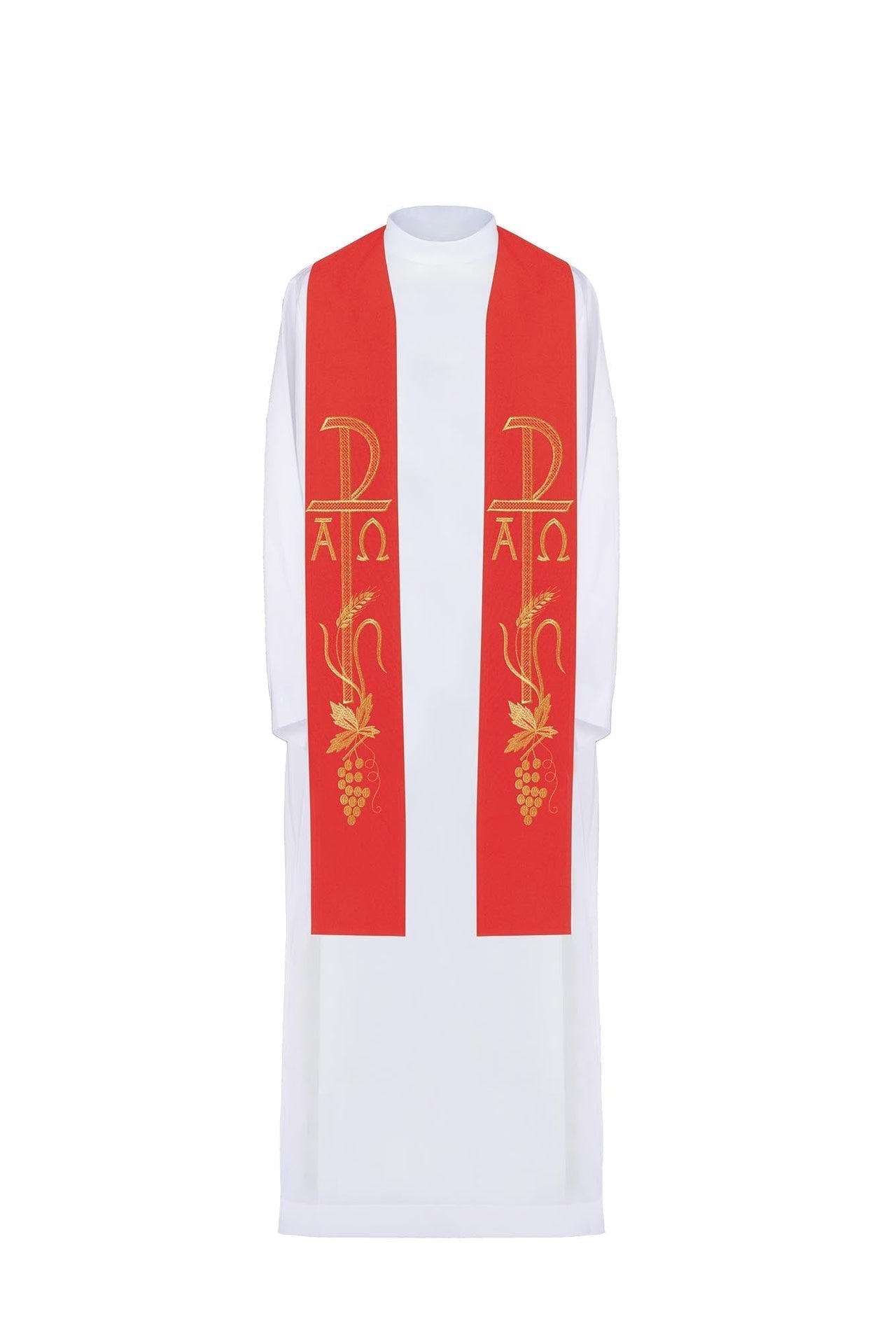 Estola sacerdotal roja bordada con el motivo de Alfa y Omega KST/075/02/01 CZERWONY - CASULLAS.ES